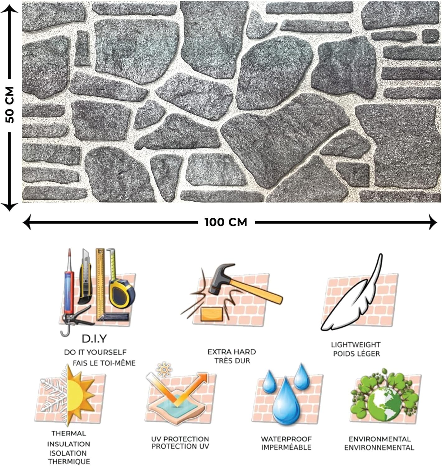 Dundee Deco 3D Wall Panels - Cladding, Bluish Grey White Stone Look Wall Paneling, Styrofoam Facing for Interior and Exterior Applications, DIY, Set of 10, Covers 54 sq ft