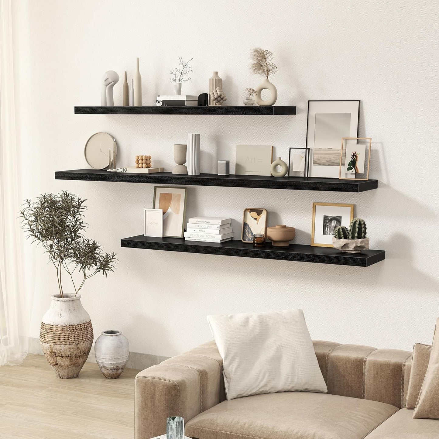 Black Floating Shelves Wall Shelf 48 Inch, 9.3 Inch Deep Floating Shelf for Wall, Farmhouse Black Wood Shelves Invisible Bracket for Living Room, Bedroom, Kitchen, 48 x 9.3 x 1.4 Inch, Set of 2