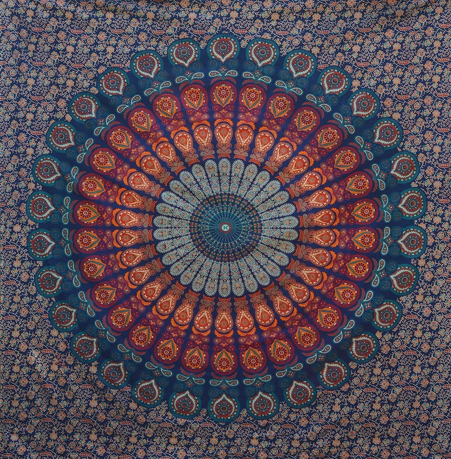 Bless International Handmade Indian hippie Bohemian Psychedelic Peacock Mandala Wall hanging College Dorm Beach Throws Table Cloth Bedding Tapestry (Golden Blue, Poster(30x40Inches)(76x101cms))