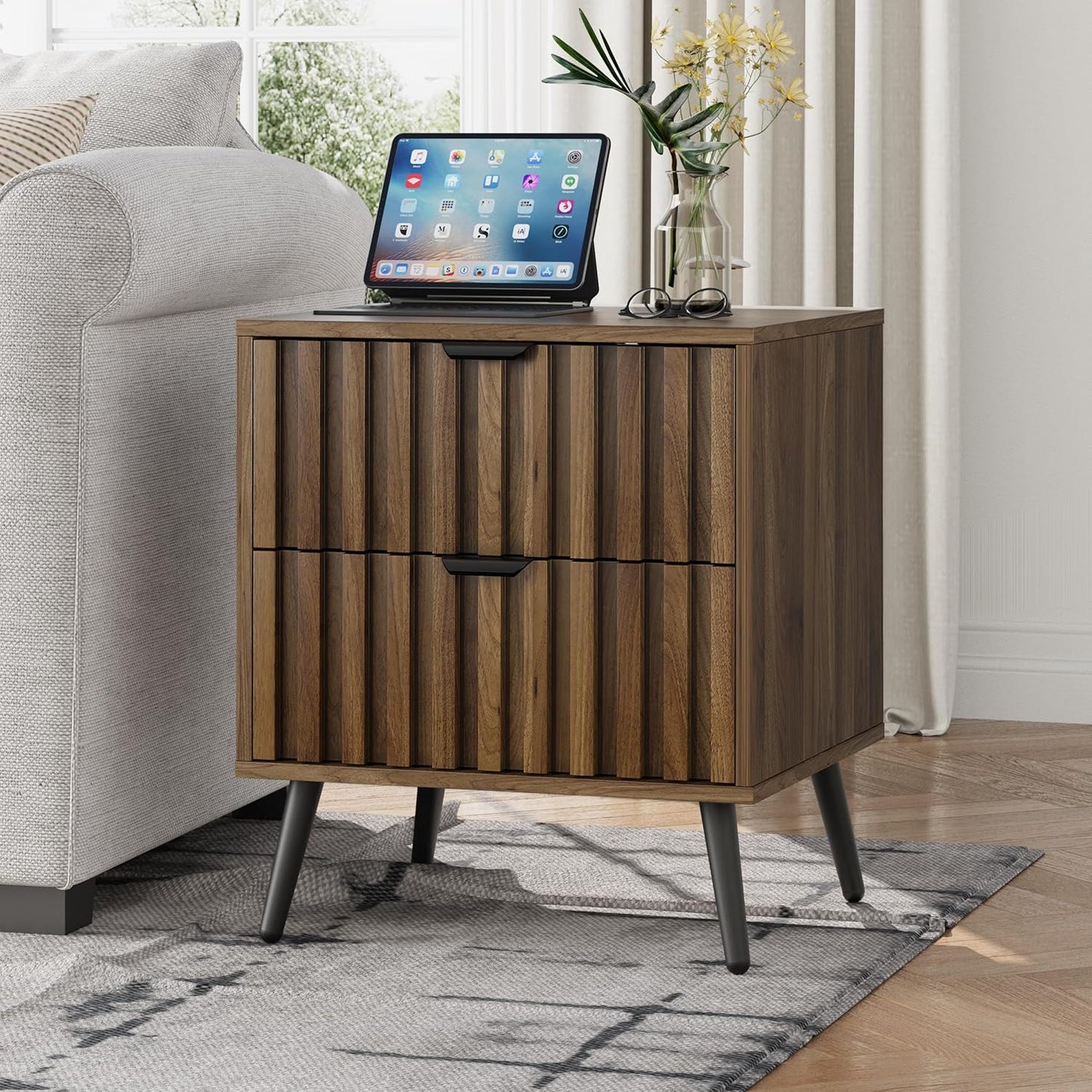 Smuxee Walnut Wooden Night Stand, Mid Century Nightstand with 2 Fluted Drawers, Bedside Table with Metal Feet, Modern End Side Table for Bedroom