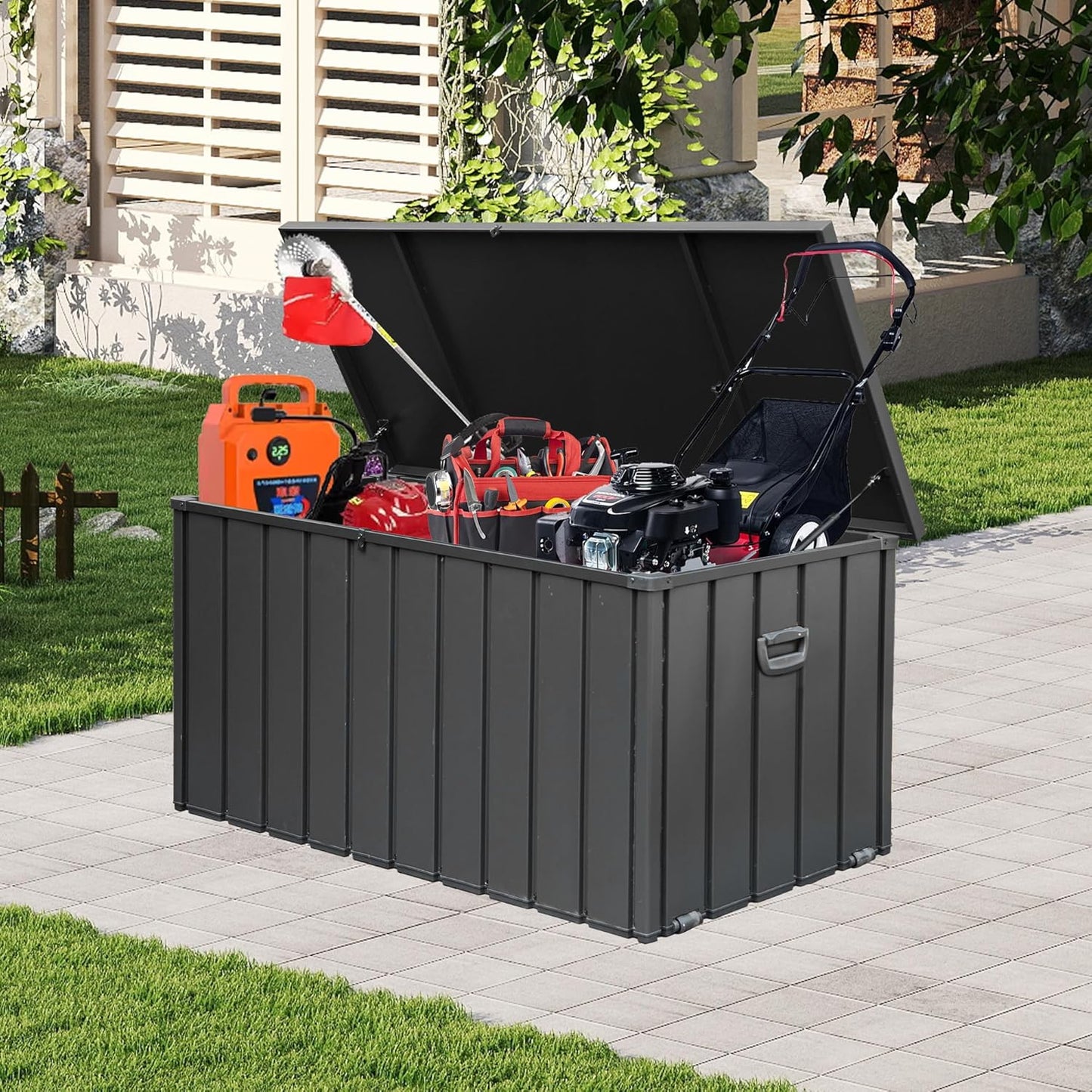 Domi 100 Gallon Deck Box, Outdoor Metal Lockable Storage Cabinet, Waterproof Steel Outdoor Bench with Lockable Lid, Side Handles & Rolling Casters for Outside Cushions, Pillows, Garden Tools, Grey