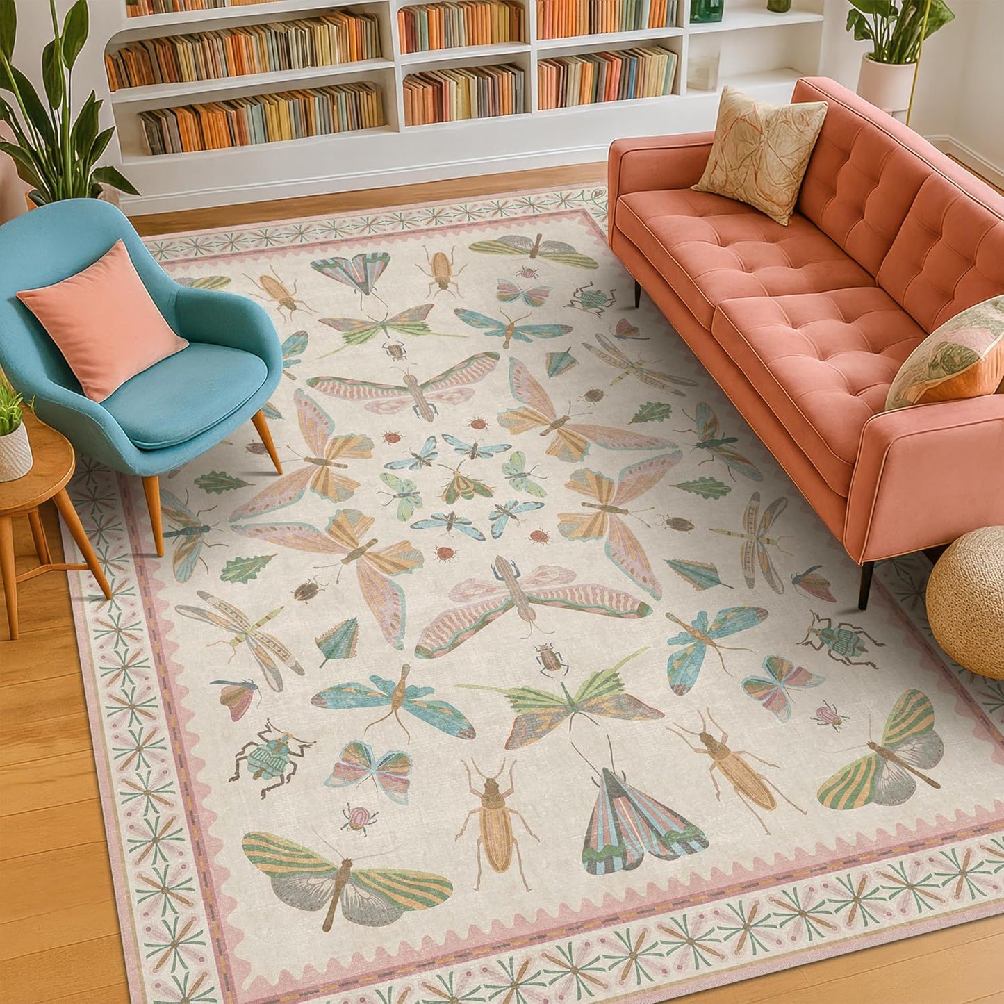 Washable 5x8 Light Pink Rug for Bedroom - Pink Boho Girl Nursery Rug, Living Room, Nature Insect Bug Print Home Decor