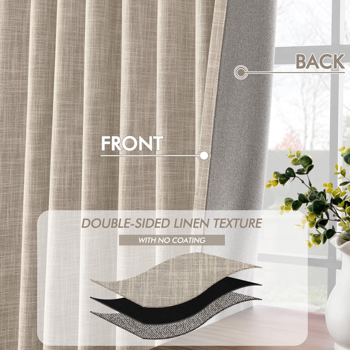 MIULEE Beige 100% Blackout Linen Curtains 94 Inch 2 Panels Set Double Sided No Coating Pleated Back Tab Black Out Long Thermal Insulated Pinch Pleat Bedroom Living Room Darkening Window Drapes