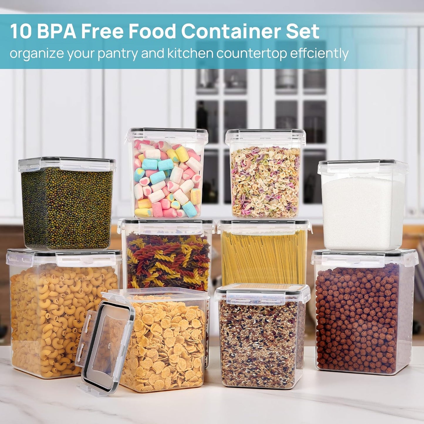 Vtopmart 10 PCS Flour and Sugar Storage Container, Large Airtight Food Canisters with Lids for Kitchen, Pantry Organization, BPA Free, Black