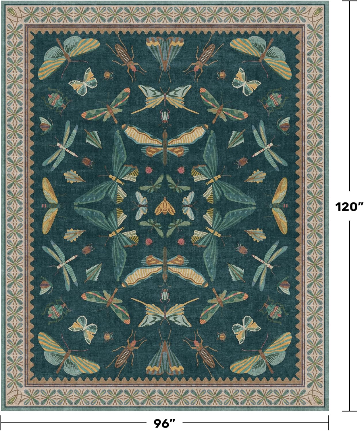 Insect Print Washable 8x10 Living Room Rug - Bugs, Butterfly, Bees, Moths Patterned Area Rugs for Bedroom, Dining Room Under Table, Kids Room, Home Office, Washable Non Slip Fade Resistant Low Pile