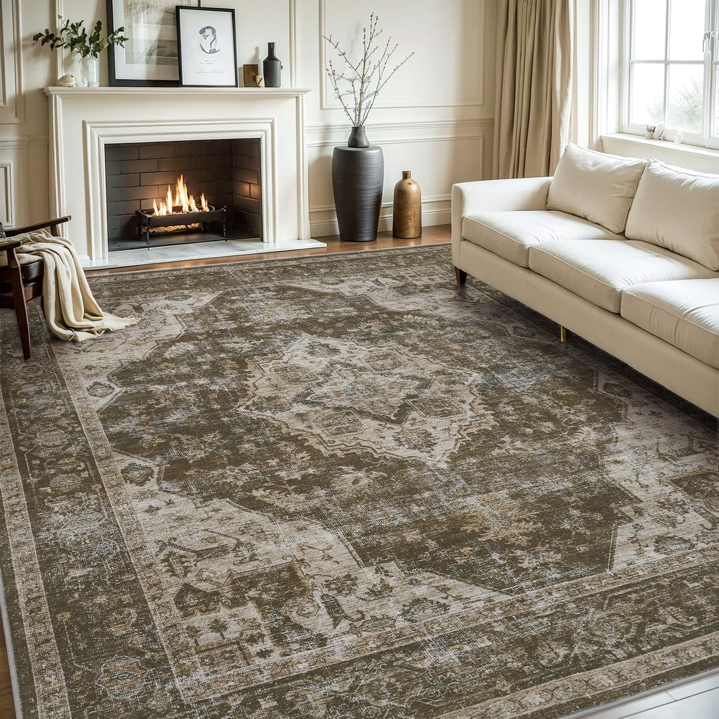 AMOAMI-Area Rug 9X12 Rugs for Living Room-Vintage Soft Coffee&Brown Rugs for Bedroom-Non Slip Carpet-Washable Rug for Dining Room Living Room Bedroom Office Under Table