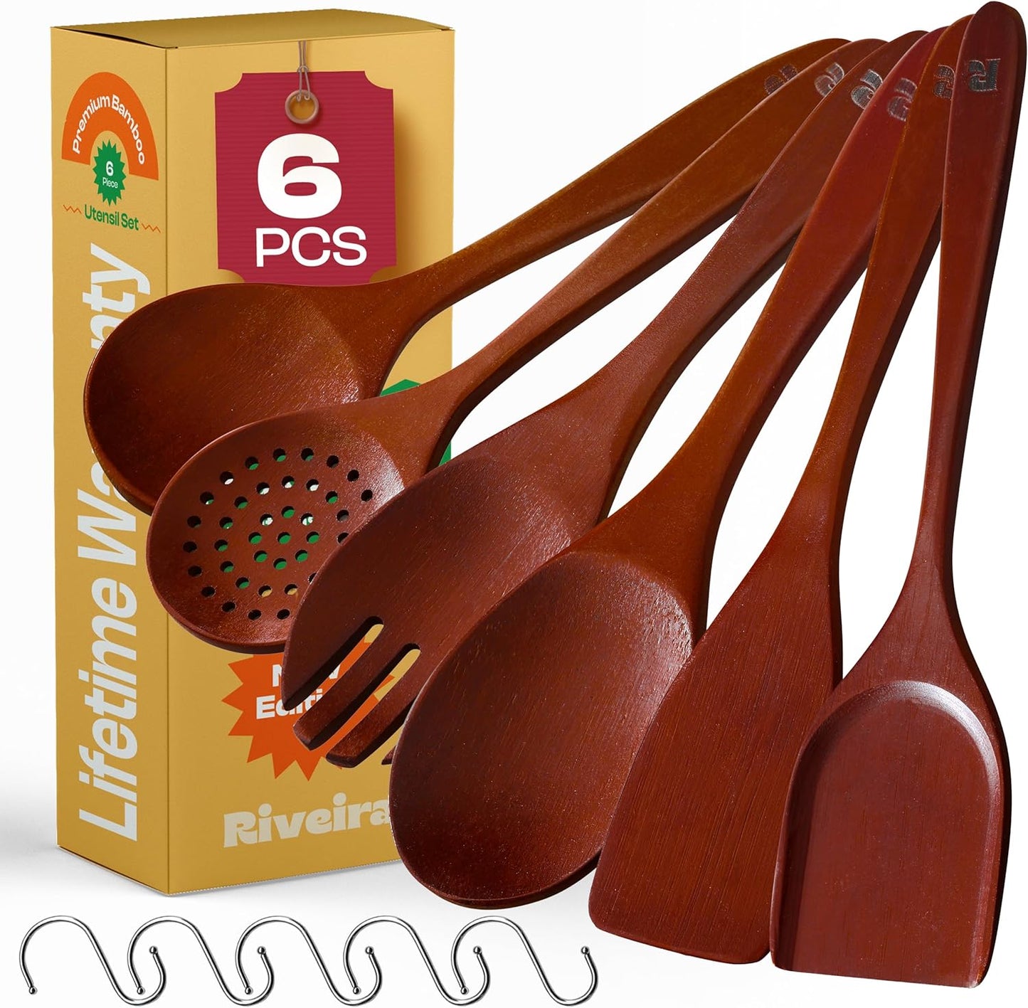 Riveira Set of 6 Premium Brown Bamboo Cooking Utensils - Bamboo Utensils for Cooking - Non-Toxic Kitchen Set - Wooden Kitchen Utensils for Non-Stick Cookware