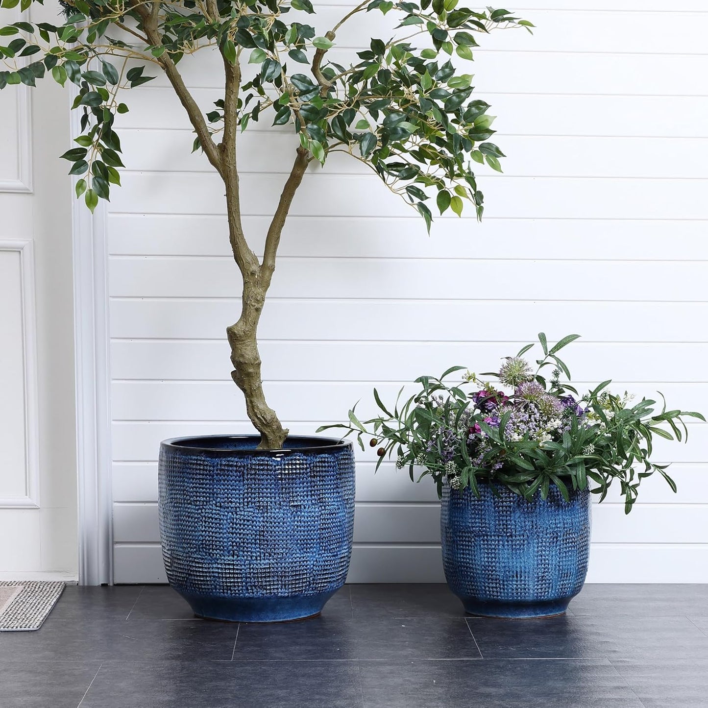LuxenHome 12" Dia Large Ceramic Pots for Plants, Ocean Blue Glazed Planters for Outdoor Plants, Round Indoor Flower Pots with Drainage Hole and Rubber Plug for Home Garden Patio