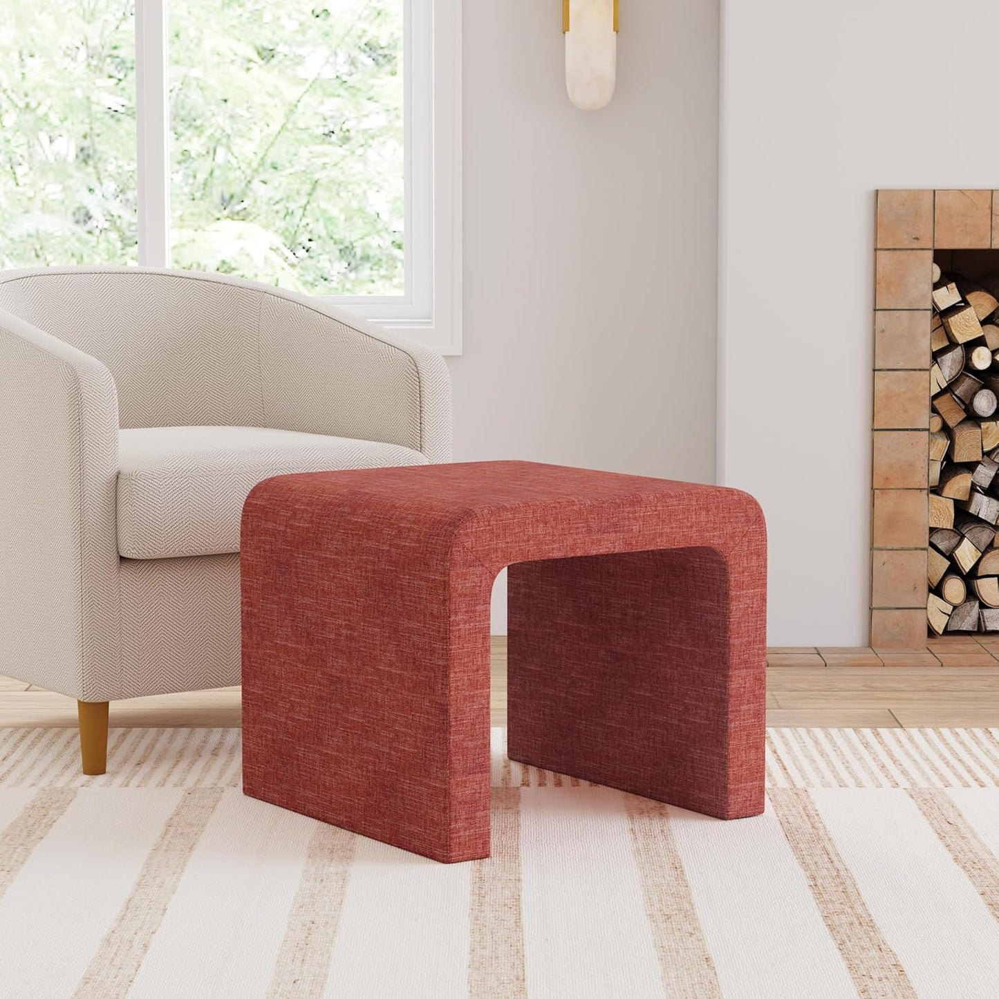Modern Channel Pink Chenille Foot Stools Ottoman Home Décor, Soft Ottoman Foot Rest Chair for Bedroom and Living Room, Vanity Chair and Stool in Dressing Area, and Lounge