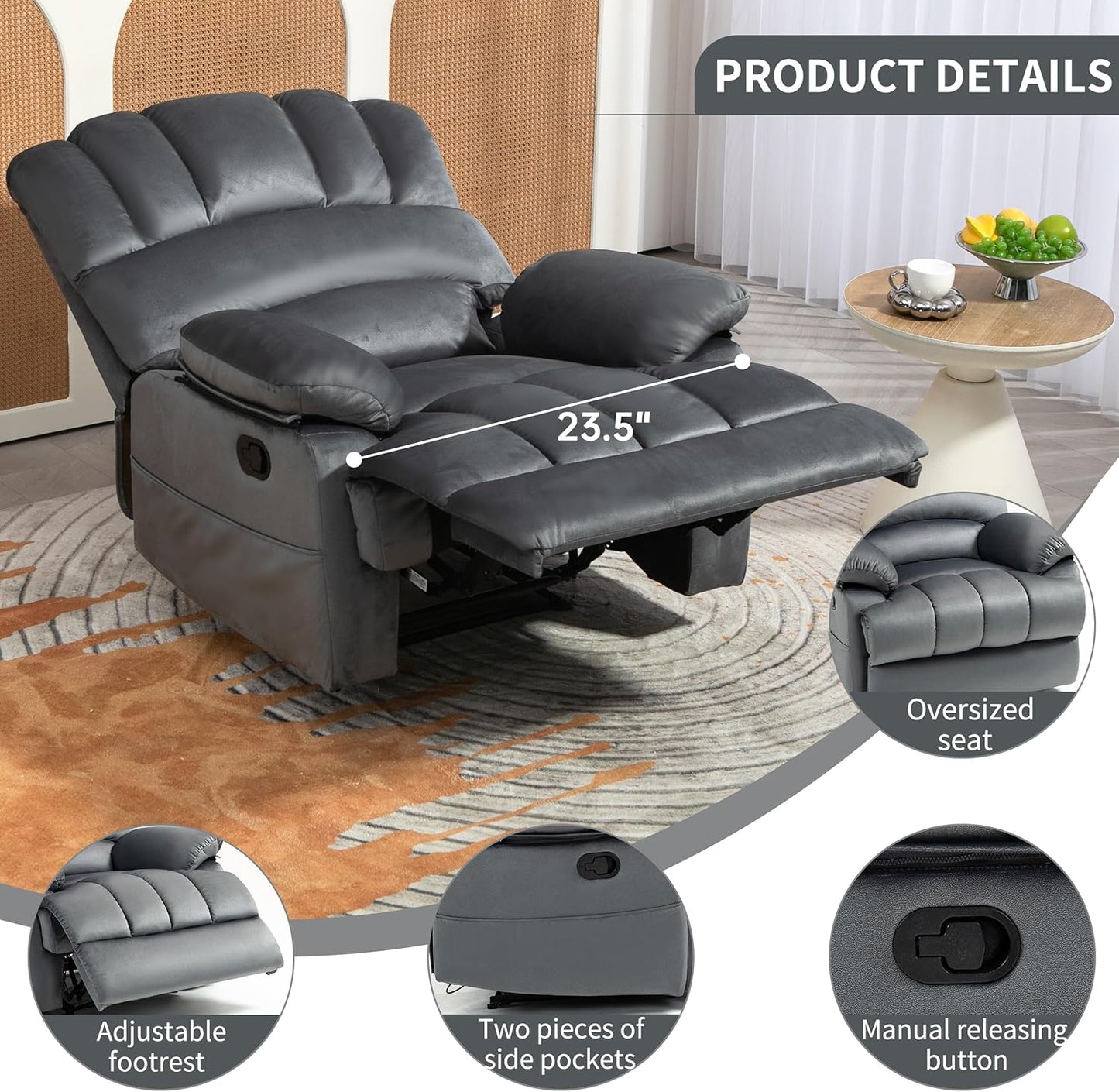Luxlen Manual Recliner Chair, Reclining Chair with Overstuffed Armrest and Backrest, Living Room Single Sofa Recliners,Light Grey