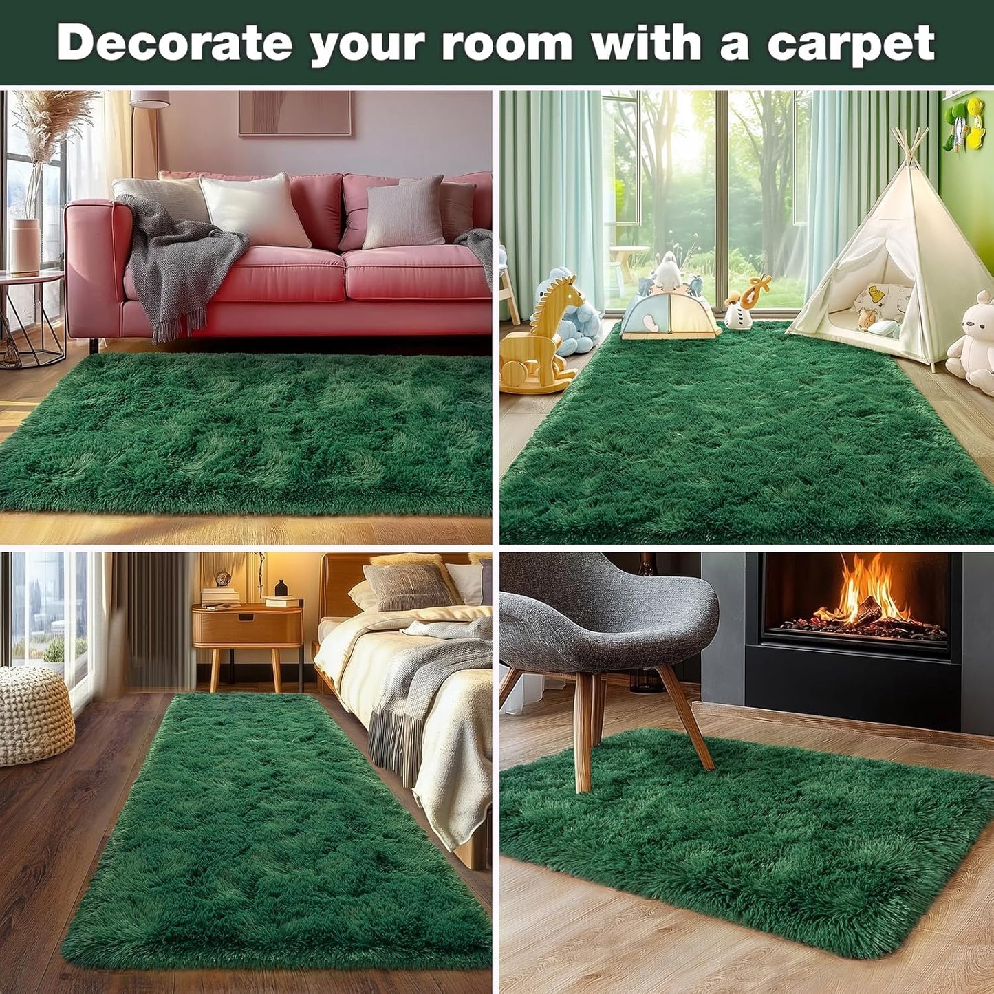 Rezutan Modern Shaggy Area Rug - Super Soft Fluffy Non-Slip Living Room Bedroom Rug for Kids Nursery, Classroom, Bedside Decor, Blackish Green, 4 X 6Feet