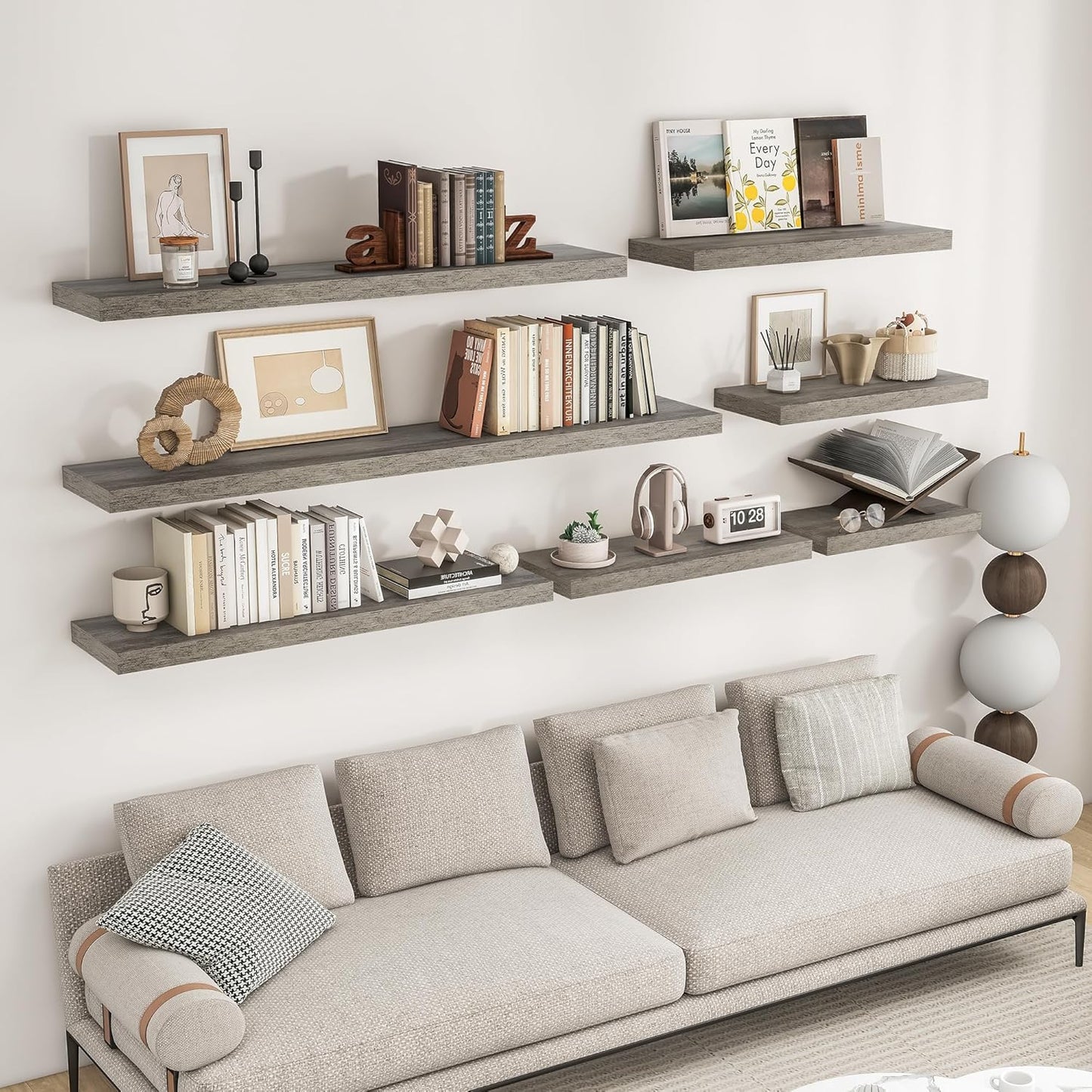 RICHFOCUS 72Inch Floating Shelves for Wall 2 Pack Shelves for Bedroom|Kitchen|Bathroom Wall Mounted Rustic Wood Floating Shelf with Invisible Brackets for Books|Storage|Decor, Grey