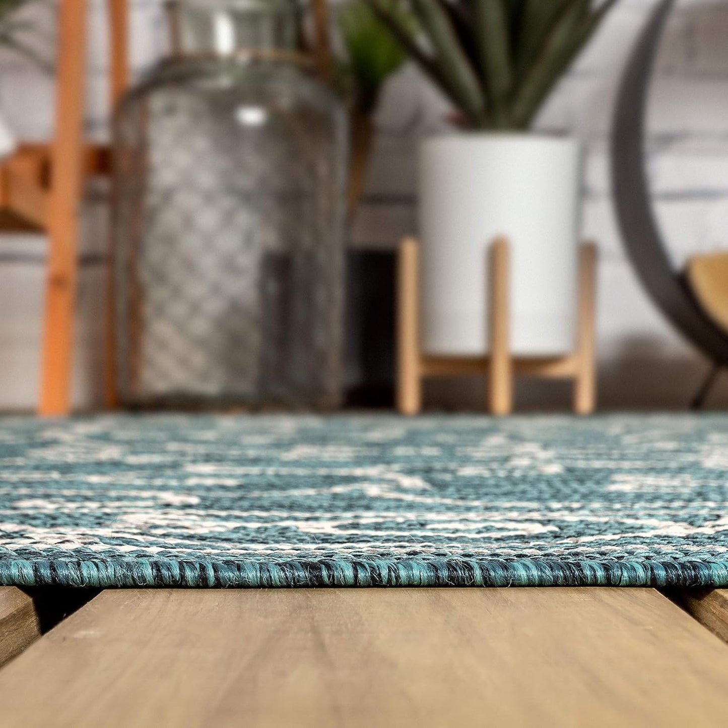 JONATHAN Y Vintage Filigree Indoor Outdoor Round Area Rug 9 Ft Teal/Gray, Charleston Textured Weave for Backyard, Patio, Porch, Easy-Cleaning, High Traffic, Pet-Friendly, Non-Shedding (SMB106F-9R)