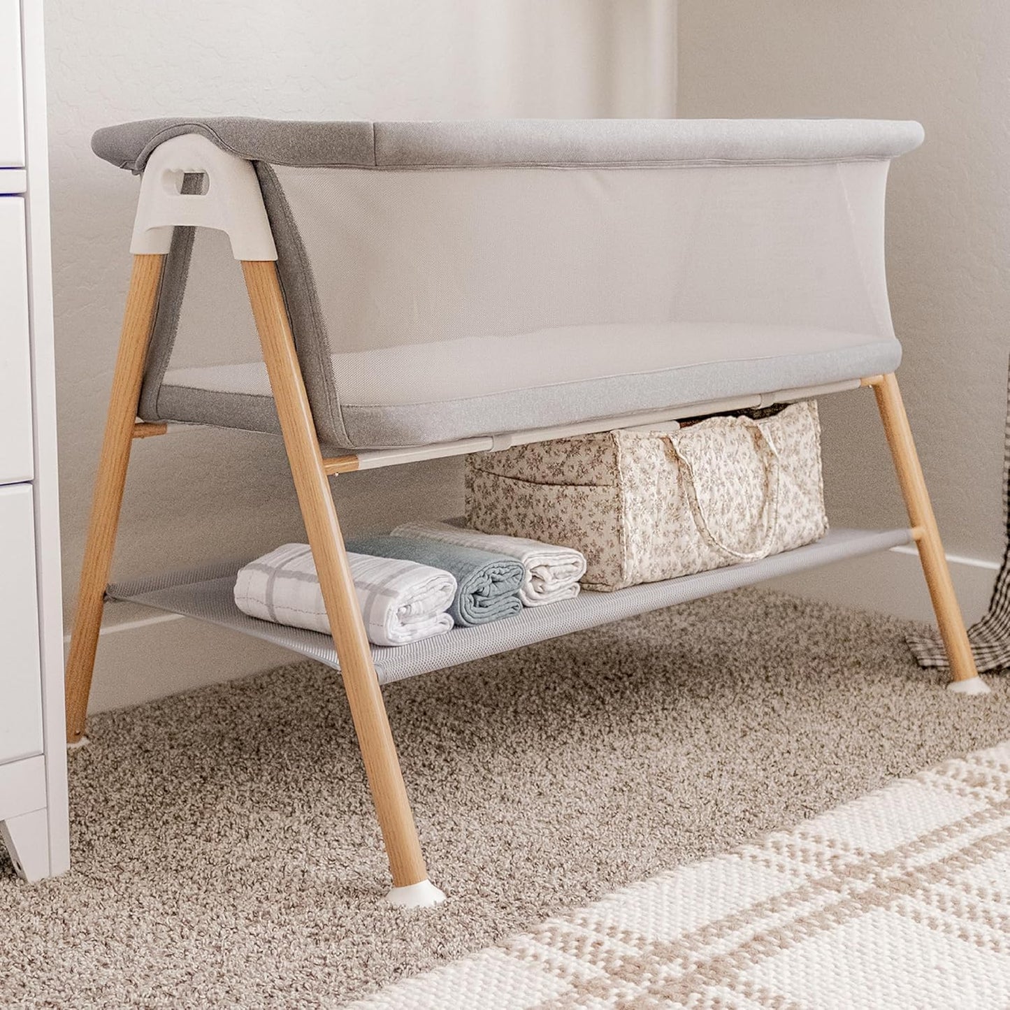 Newton Baby Essential Bassinet – Ultra-Breathable, Completely Washable, More Airflow for Safer, Cooler Sleep, Non-Toxic, Bedside Sleeper, Storage Shelf