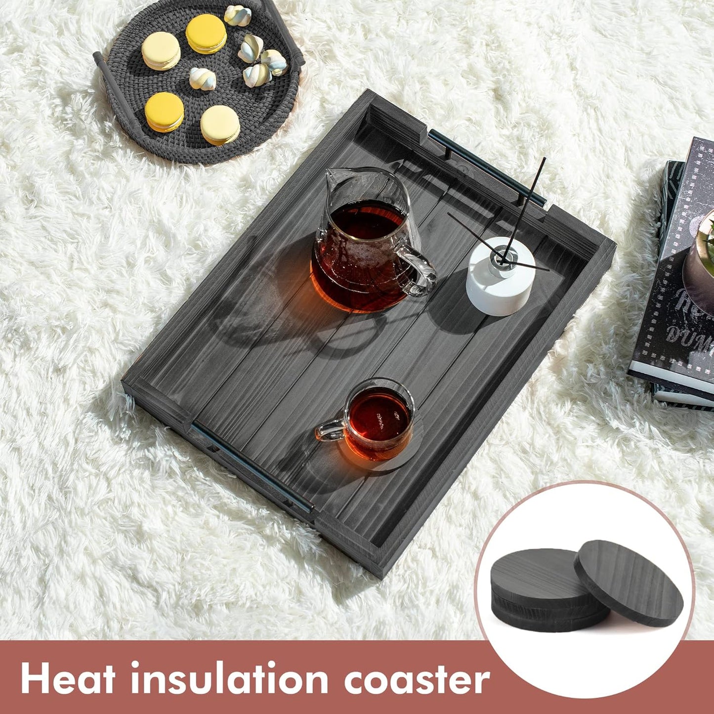 Dark Grey Coffee Table Decorative Serving Tray with Handles & 4 Coasters - 17x13 Inch Wood Tray for Ottoman, Breakfast, Wooden Tray