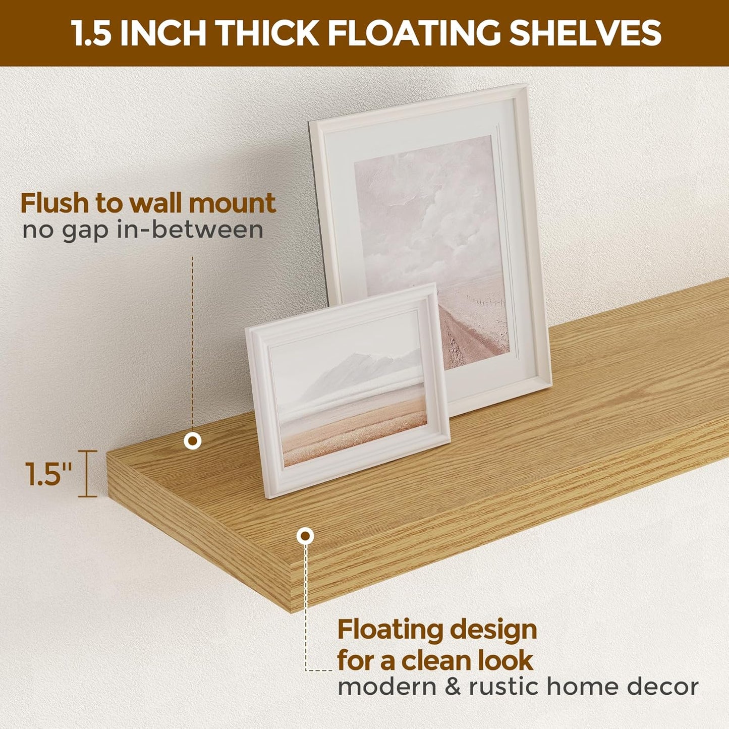 40 Inch Floating Shelvese, 40" W x 9" D Floating Shelf Set of 2, Farmhouse Wood Wall Shelves for Bedroom, Kitchen, Wall Mounted Deep Shelving for Home Decor, Oak Color