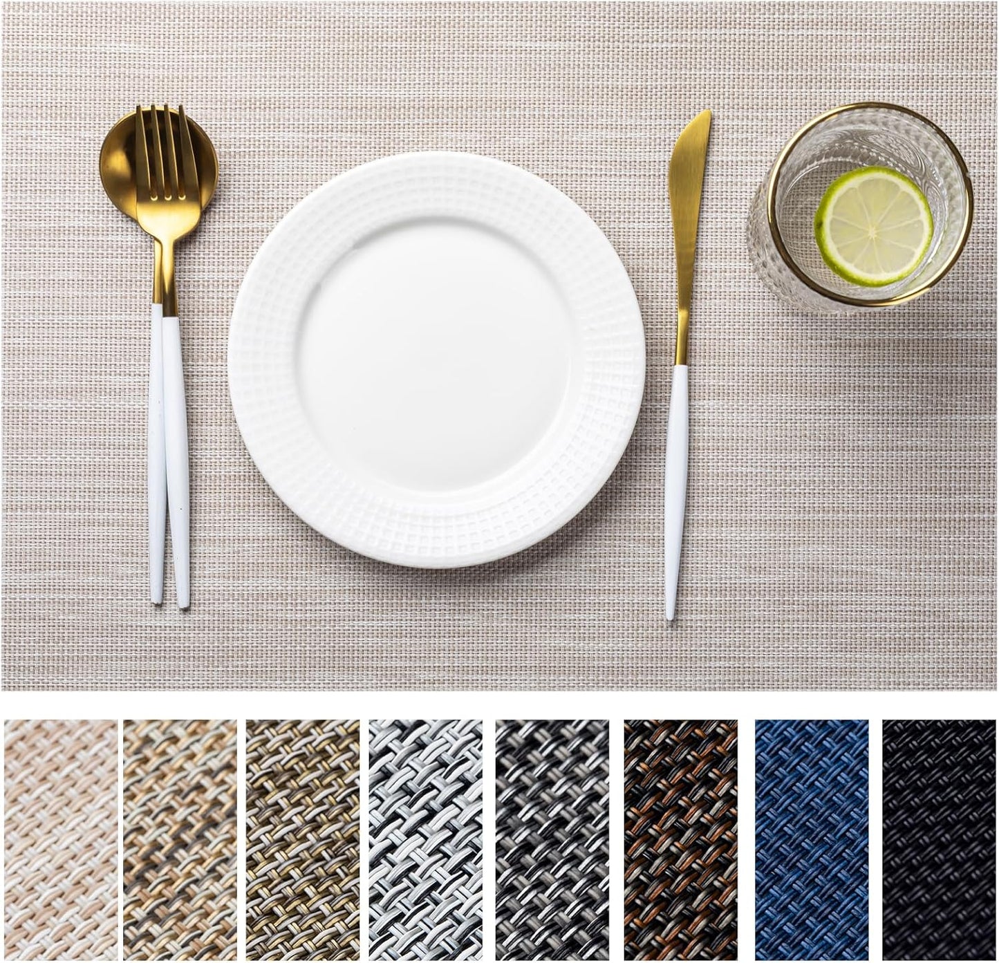 LEXMORE Placemats Set of 4 Vinyl/Plastic Woven Place Mats for Kitchen Table Indoor/Outdoor Washable Placemat Wipeable Dining Table Mats(Beige)