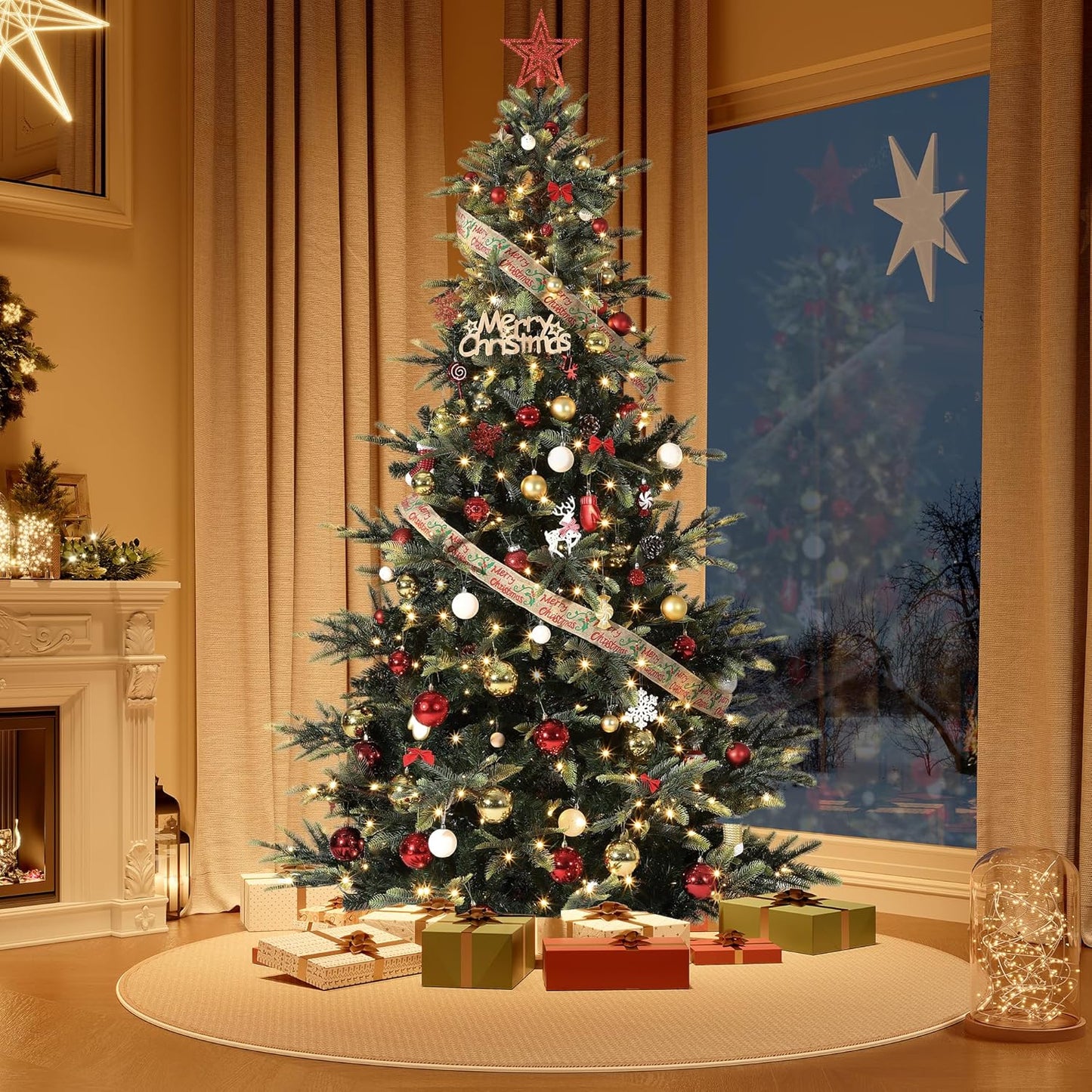 GarveeHome 6.5 FT Artificial Pre-lit Christmas Tree, Green PVC&PE Full Christmas Tree with 350 Warm White Lights for Home, Office, and Xmas Party Décor, Includes Stand