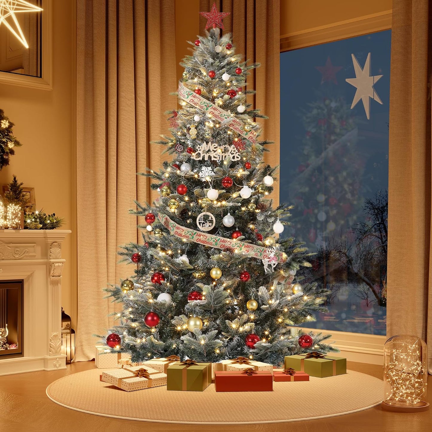 GarveeHome 7.5 FT Lighted Aspen Fir Christmas Tree,Flocked Green Artificial Christmas Tree with Warm White & Twinkle Lights for Indoor,Outdoor, Holiday Décor, Metal Hinges, Foldable Base