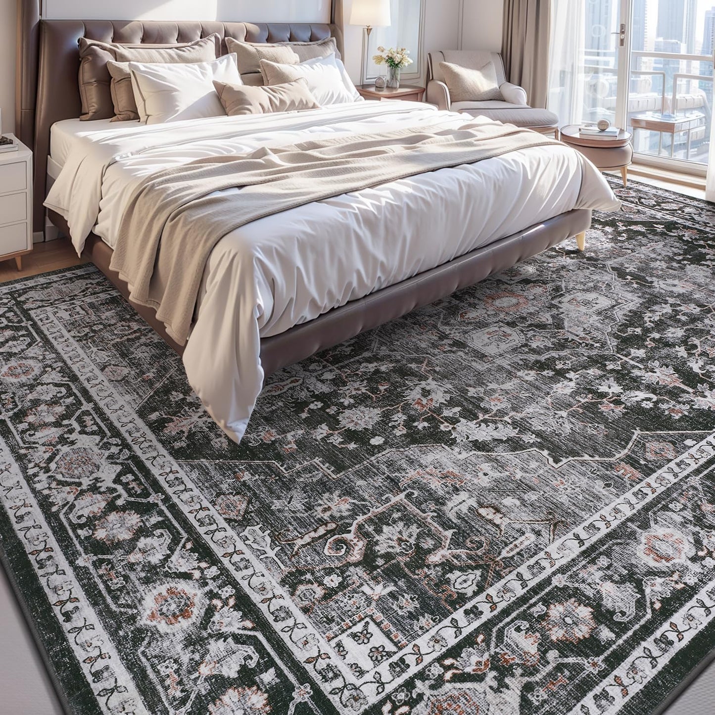 AMOAMI-Area Rug 9X12 Rugs for Living Room-Vintage Soft Black Rugs for Bedroom-Non Slip Carpet-Washable Rug for Dining Room Living Room Bedroom Office Under Table,Dark Grey & Black