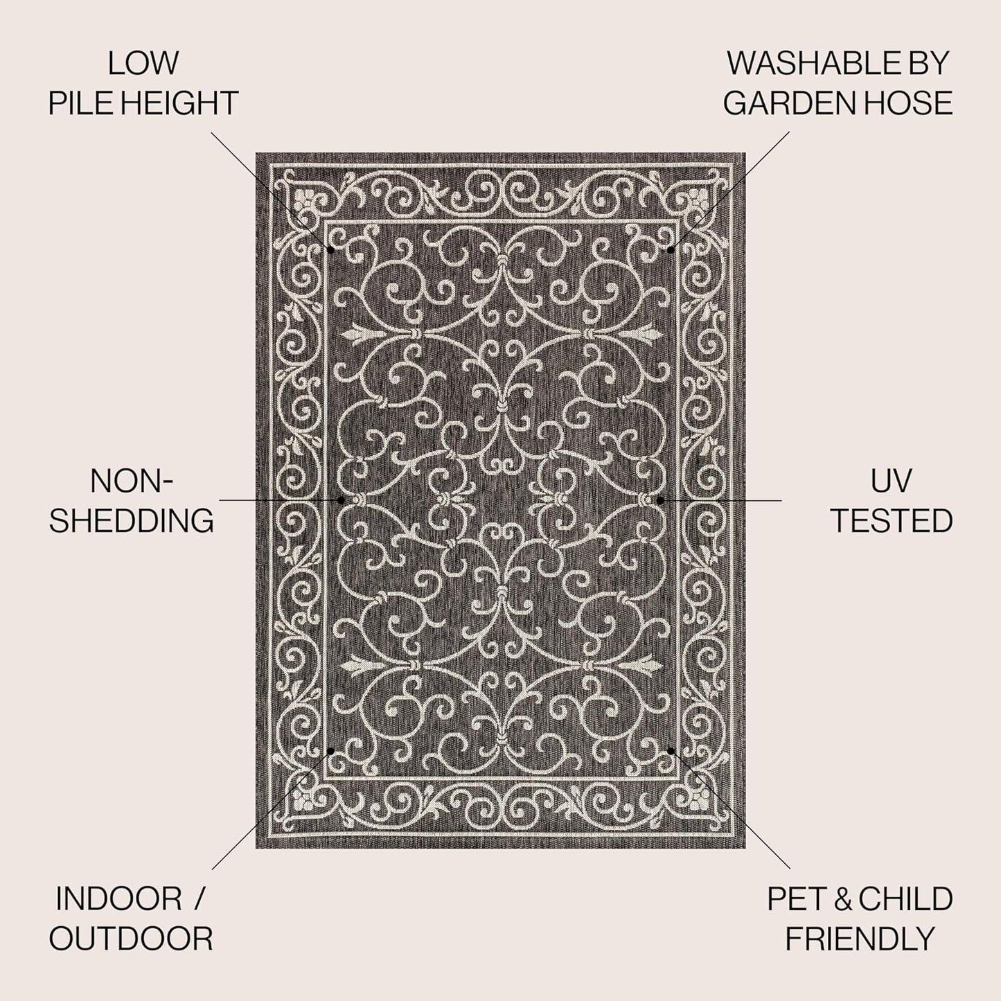 JONATHAN Y Vintage Filigree Indoor Outdoor Round Area Rug 8 Ft Black/Gray, Charleston Textured Weave for Backyard, Patio, Porch, Easy-Cleaning, High Traffic, Pet-Friendly, Non-Shedding (SMB106G-8R)