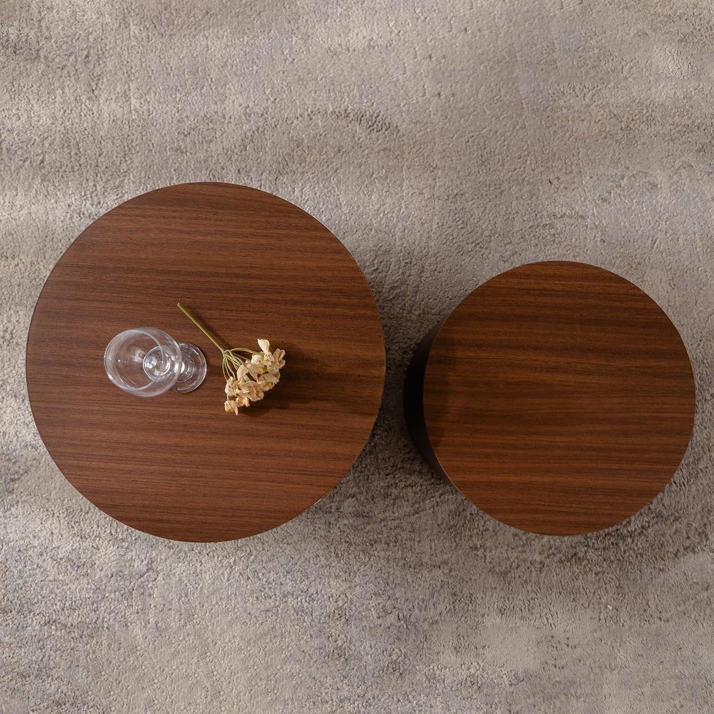 Nesting Round Coffee Table Set of 2, Small Circle Accent End Table for Small Spaces, Morden Drum Side Table, Wooden Center Table for Living Room, Fully Assembled - Dark Walnut