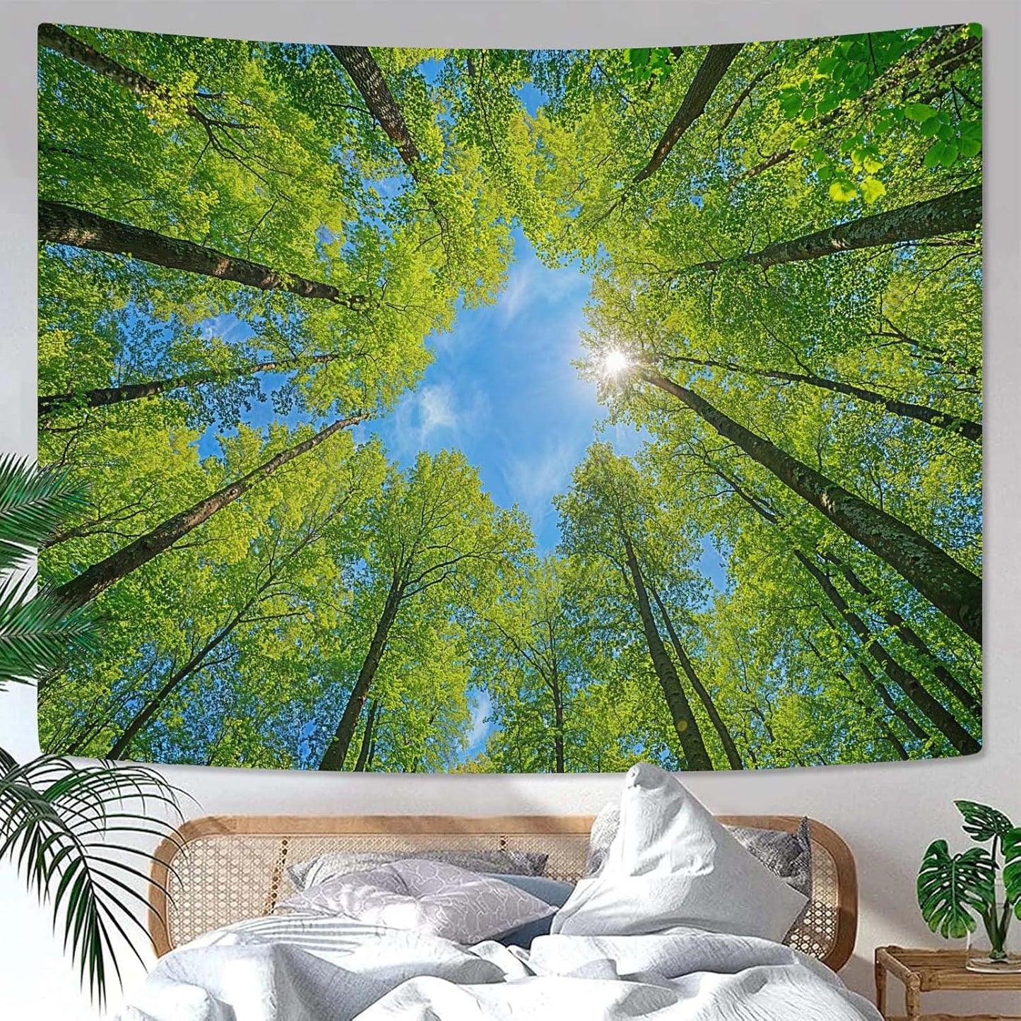 AMM Nature Forest Tree Celling Tapestry Lush Green Treetops Sunlit Tapestry for Bedroom Aesthetic Sky Sunlight Canopy Leaves Landscape Tapestries Wall Hanging for Living Room Dorm Office 90 x 68 Inch