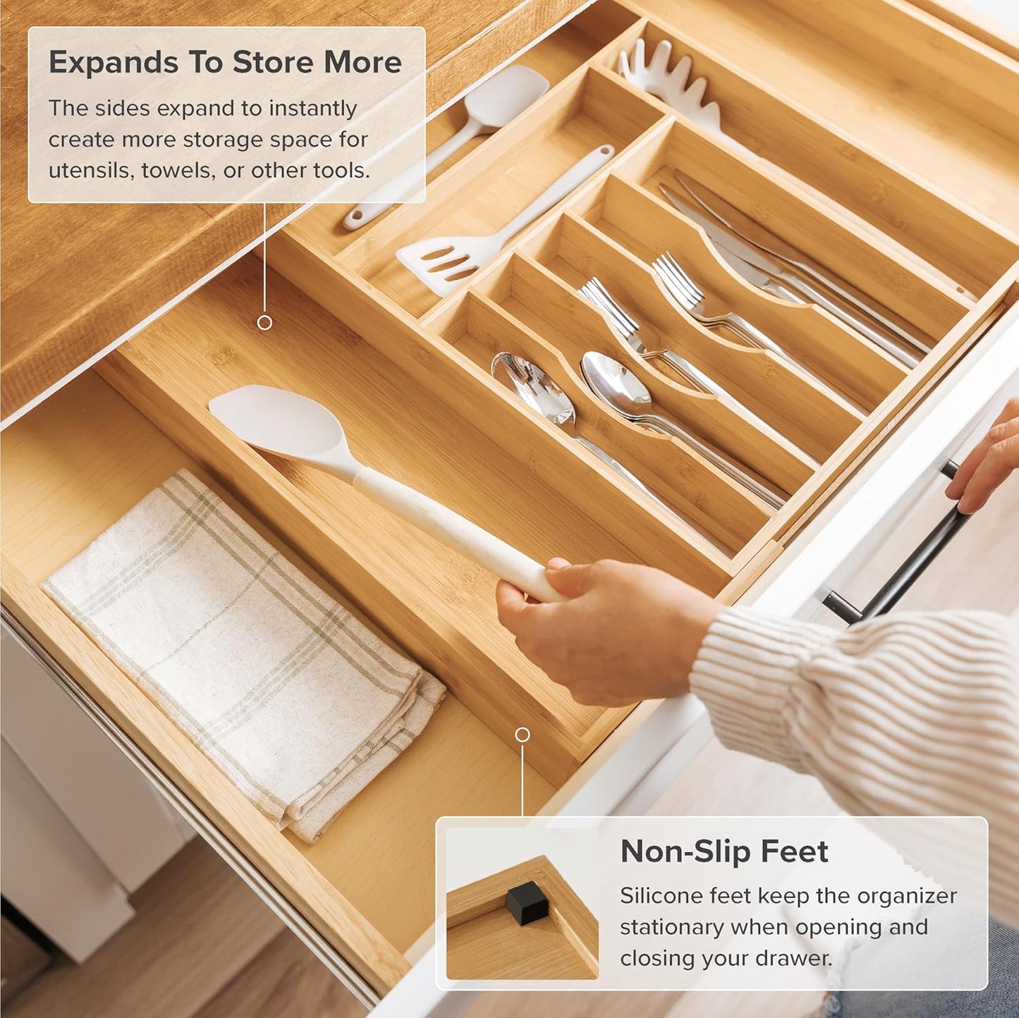 Premium Silverware, Flatware and Utensil Organizer for Kitchen Drawers, Food-Safe Contract Grade, Expandable from 14 to 25 In, Natural Bamboo