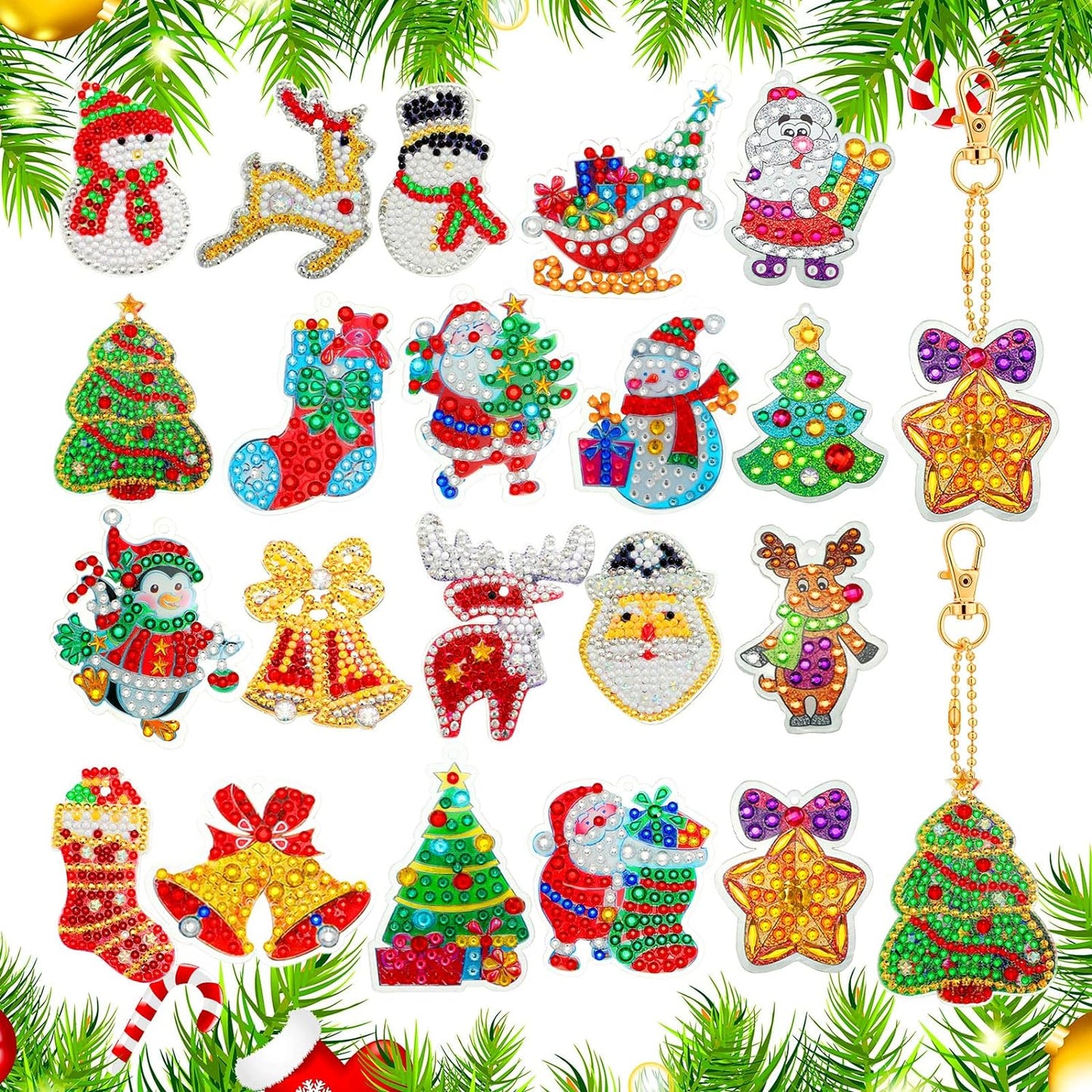 Chuangdi 20 Pieces Christmas Diamond Painting Ornaments Christmas Tree Diamond Art Kits 5d Double Sided Santa Snowman Keychain Keyring DIY Pendant Xmas Party Decor