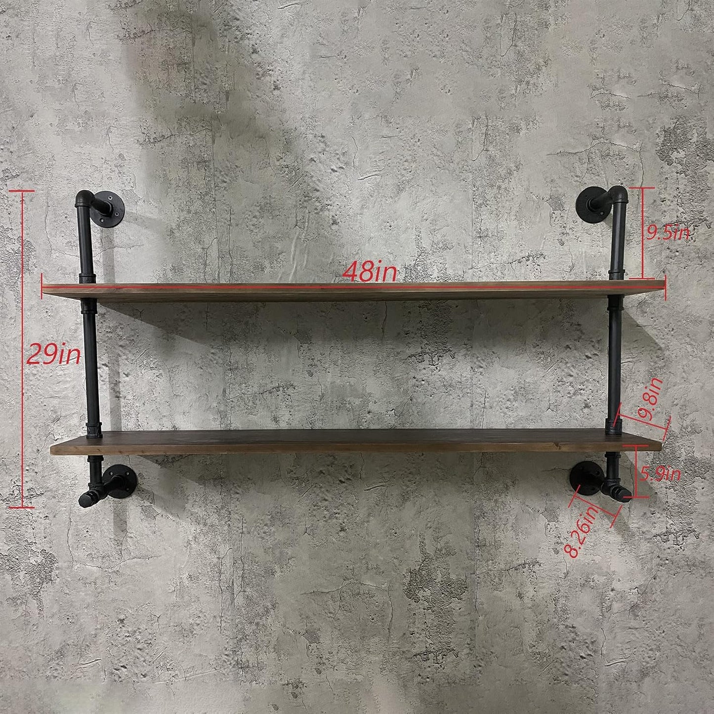ROGMARS Industrial Pipe Shelves Shelving 48 inch with Solid Wood Planks Farmhouse Pipe Book Shelves Wall Mounted,Industrial Floating Shelves Bar Shelving Rustic Shelves 2 Tier for Kitchen,Living Room