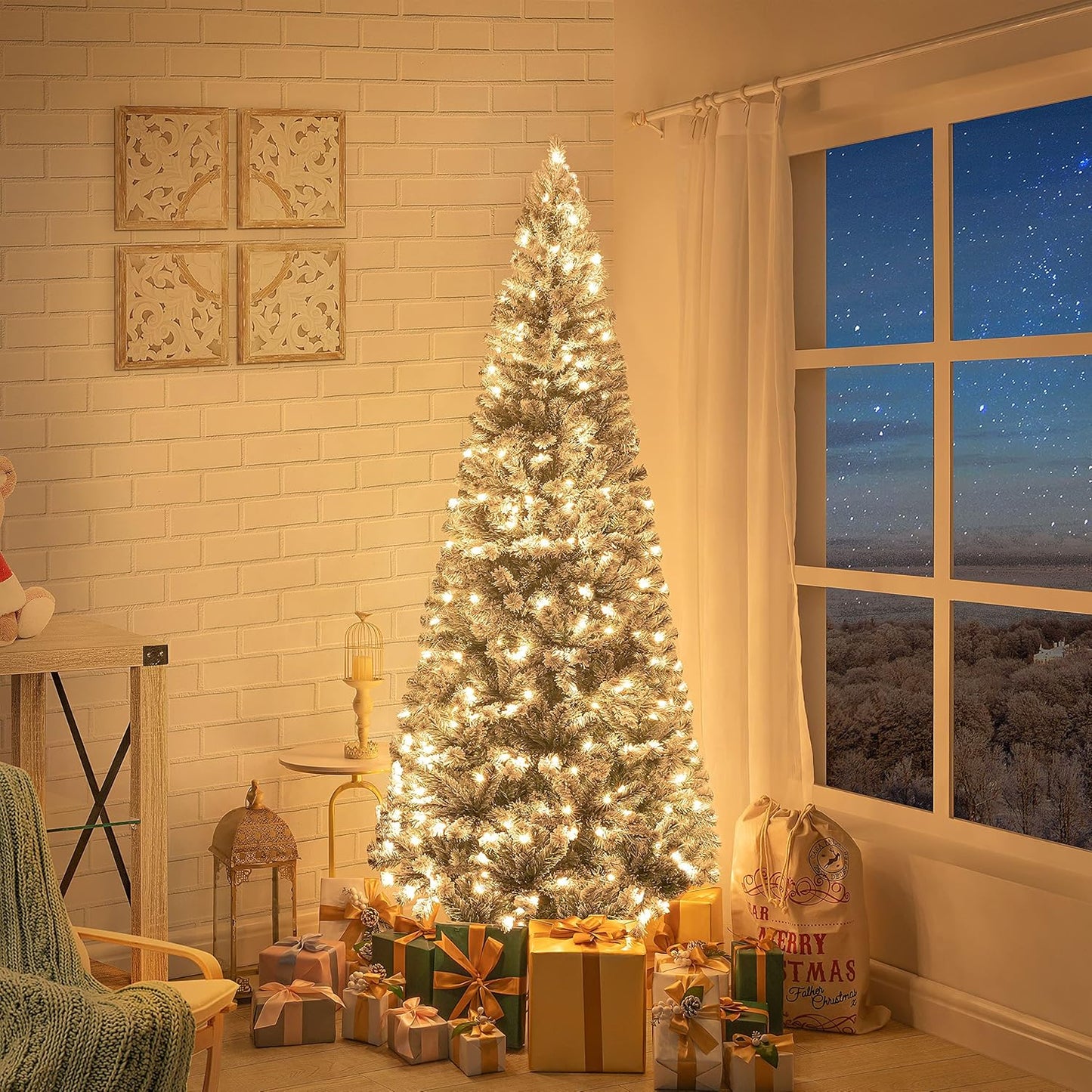Naomi Home Salzburg 6.5ft Frosted Prelit Slim Artificial Christmas Tree with 864 Branch Tips, 250 Warm Lights and Metal Stand, 30" Wide Realistic Snow Flocked Skinny Pencil Christmas Tree