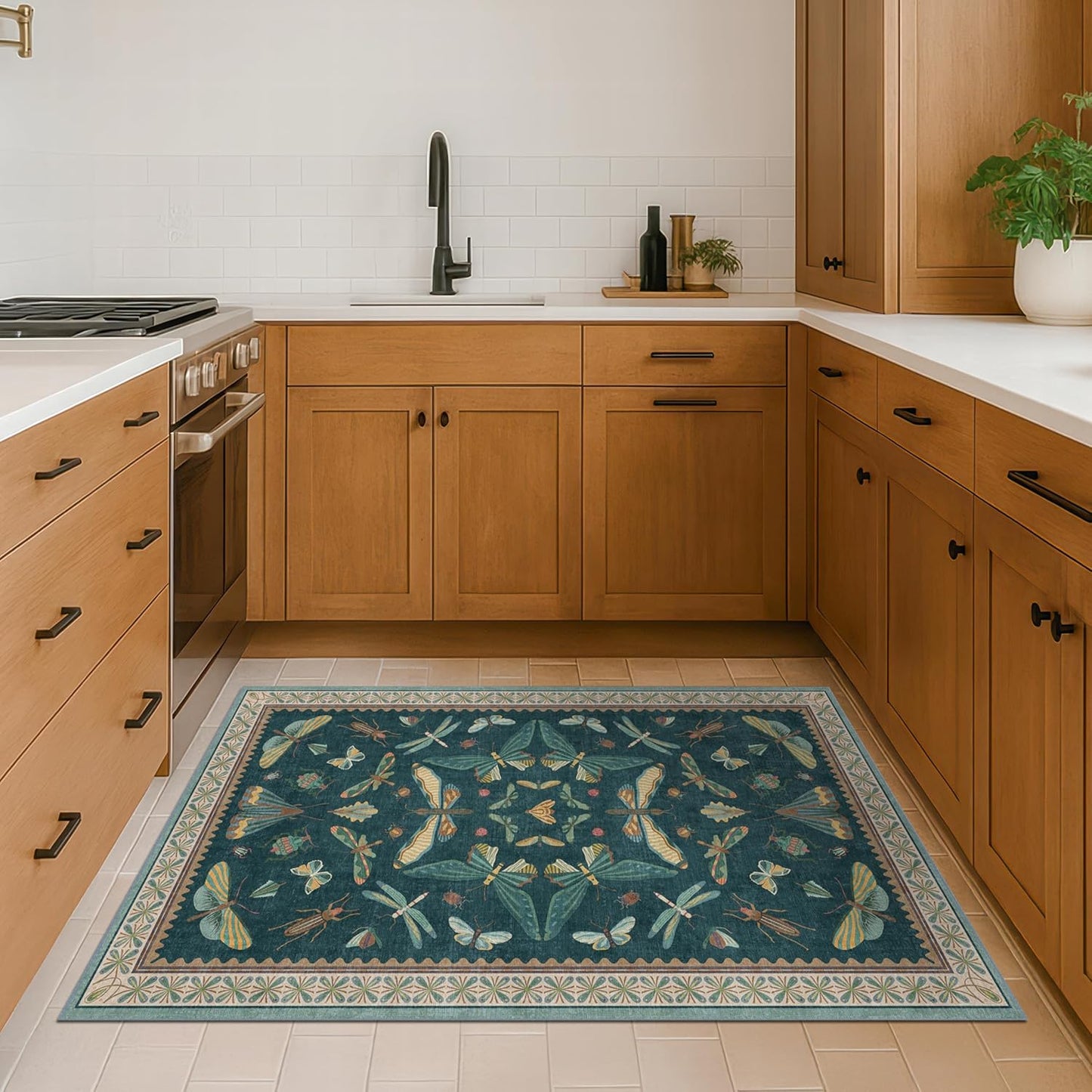 Teal 3x5 Entryway Rug - Door Rug Indoor for Large Kitchen, Living Room, Washable Low Pile Insect Décor