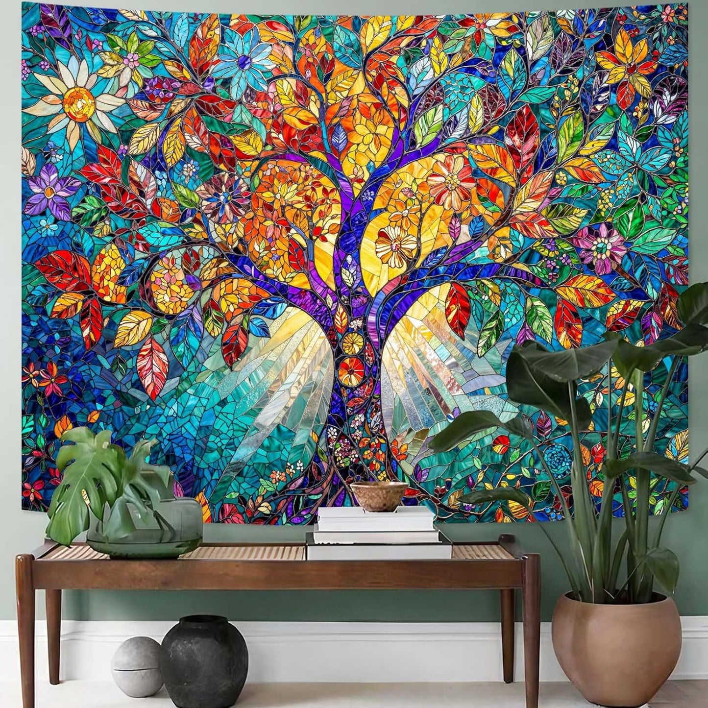 Lunerfex Tree of Life Tapestry Stained Glass Tapestry Wall Decor Tapestries for Bedroom Art Tapestries Wall Hanging for Bedroom Living Room Glass-Tree-02 44"x60"