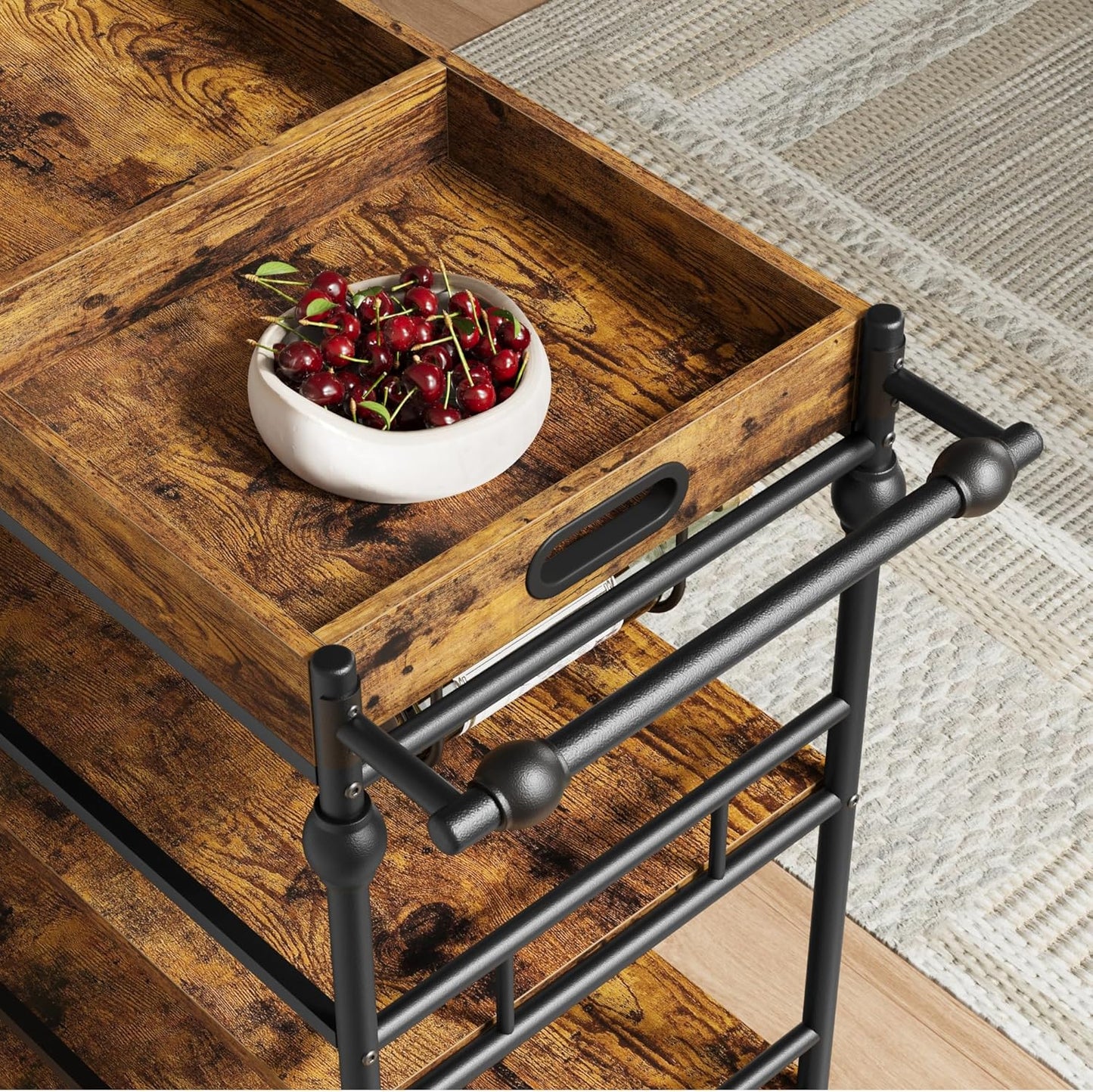 Bar Cart, Bar Carts for The Home, 3 Tier Serving Cart with Wheels, Home Bar & Serving Carts, Metal Rolling Cart with Wine Rack & Removable Tray for Kitchen, Dining Room, Living Room-Retro Brown