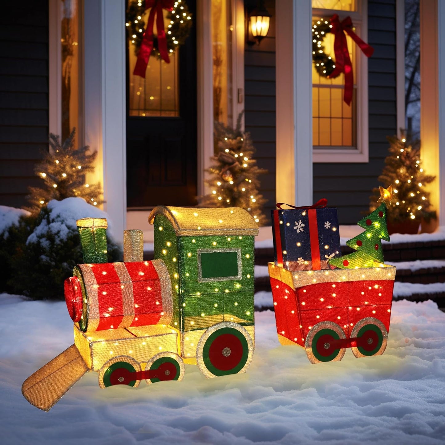 5FT Light-Up Christmas Train Decor with 170 LED Lights, 3D Pre-Lit Train Set with Gift Box and Christmas Tree for Xmas Decoration, Freestanding Glittered Holiday Display for Outdoor, Indoor