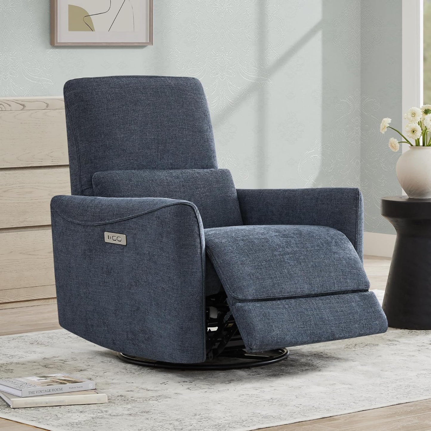 CHITA Power Recliner Chair Swivel Glider, FSC Certified Upholstered Fabric Living Room Nursery Reclining Sofa Chair with Lumbar Support, Ink Blue