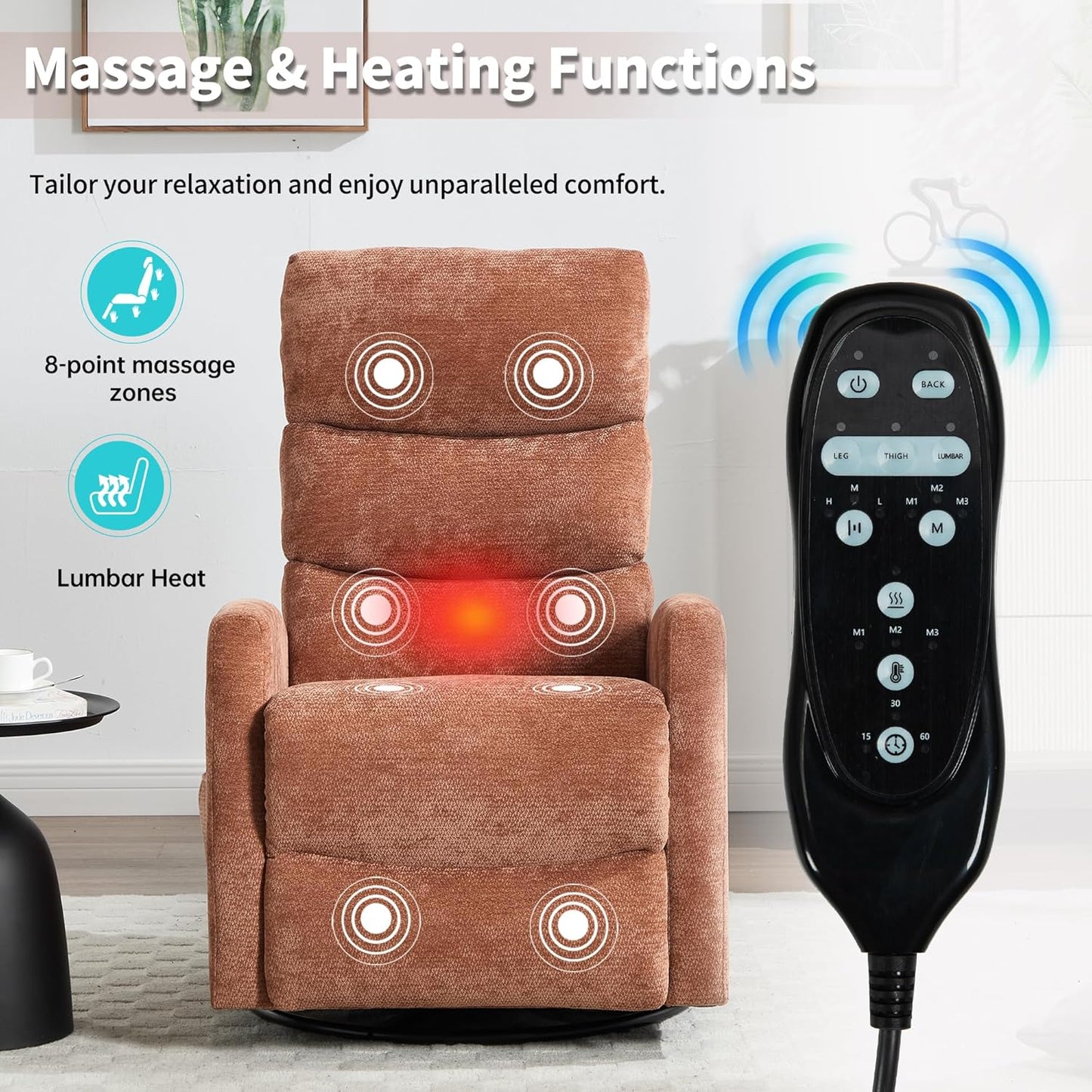 Manual Swivel Rocker Recliner Chair for Adults, Overstuffed Reclining Glider Chair for Nursing with Vibration Massage & Heat, Living Room Rocking Recliner 3-Stage backrest, Chenille Fabric Orange