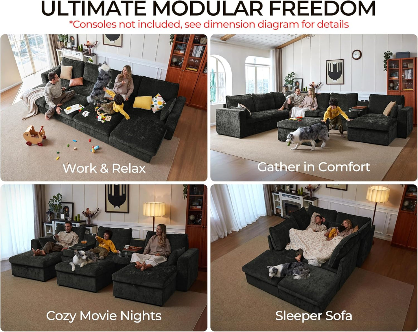 Oversized Modular Sofa Comfy Cloud Couch with Storage, Extra Deep Plush Sectional Sofa Set for Living Room, Covers Washable, Chenille, Olar (Black, 6-seatser with Corner & Ottoman, v-Shaped)