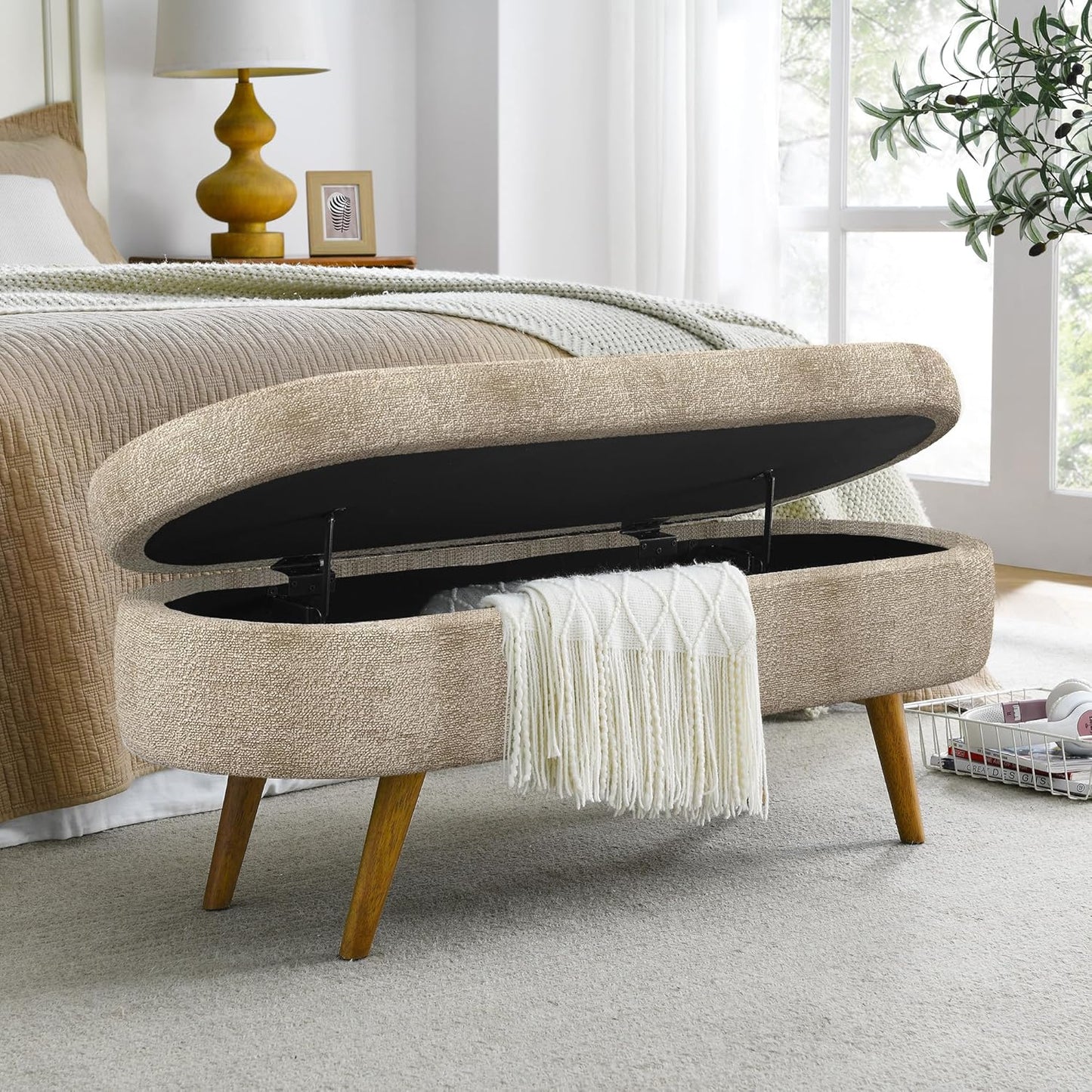 Oval Storage Bench 43.5" Linen Fabric Upholstered Entryway Bench with Solid Wood Legs Ottoman Bench Indoor Bench for Living Room/Bedroom/End of Bed/Entryway (Brown)