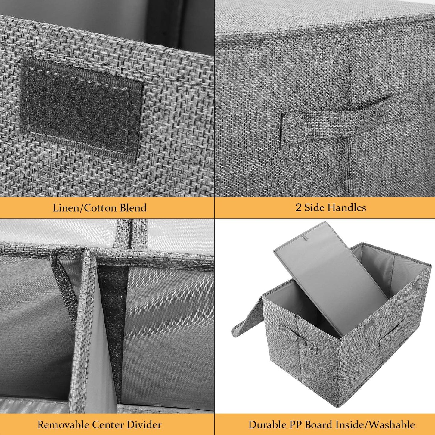 2 Pack Storage Boxes with Lids and Handles, Collapsible Linen Storage Bins Organizer Containers Baskets Cube with Removable Divider for Home Bedroom Closet Office (Grey, Small)