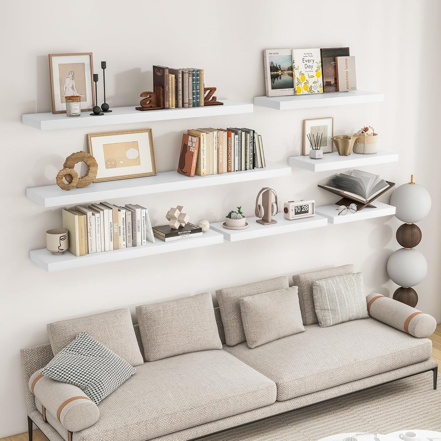 RICHFOCUS 16Inch Floating Shelves for Wall 2 Pack Shelves for Bedroom|Kitchen|Bathroom Wall Mounted Rustic Wood Floating Shelf with Invisible Brackets for Books|Storage|Decor, White