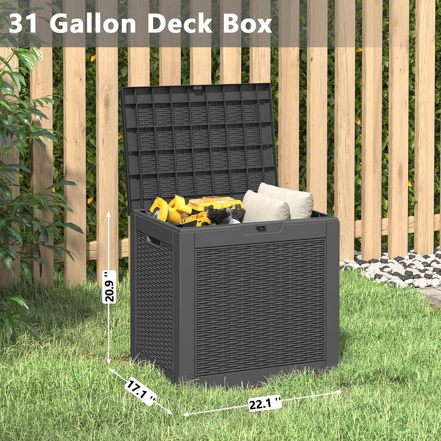 KAMABOKO 30 Gallon Outdoor Storage Box, Resin Deck Boxes Indoor and outdoor, Waterproof Storage Box Lockable Lid for Garden Tools, Package Delivery, Pool Supplies, Patio Cushions, Black