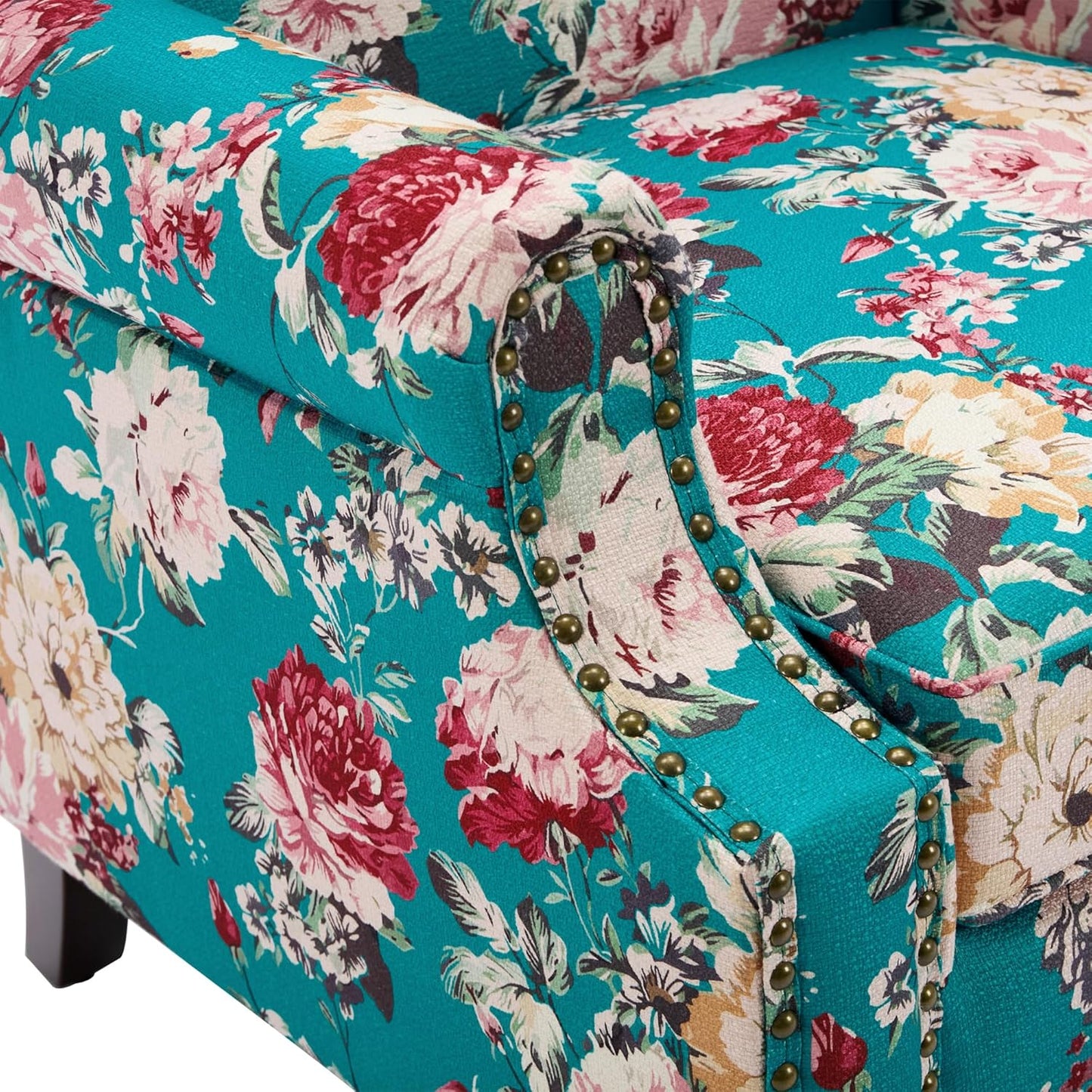 UIXE High Back Floral Accent Chairs Set of 2, Upholstered Armchair in Fabric, Retro Printed Wingback Arm Chair for Living Room, Nailhead Trim Single Sofa Bedroom Reading Seat - Peacock Blue
