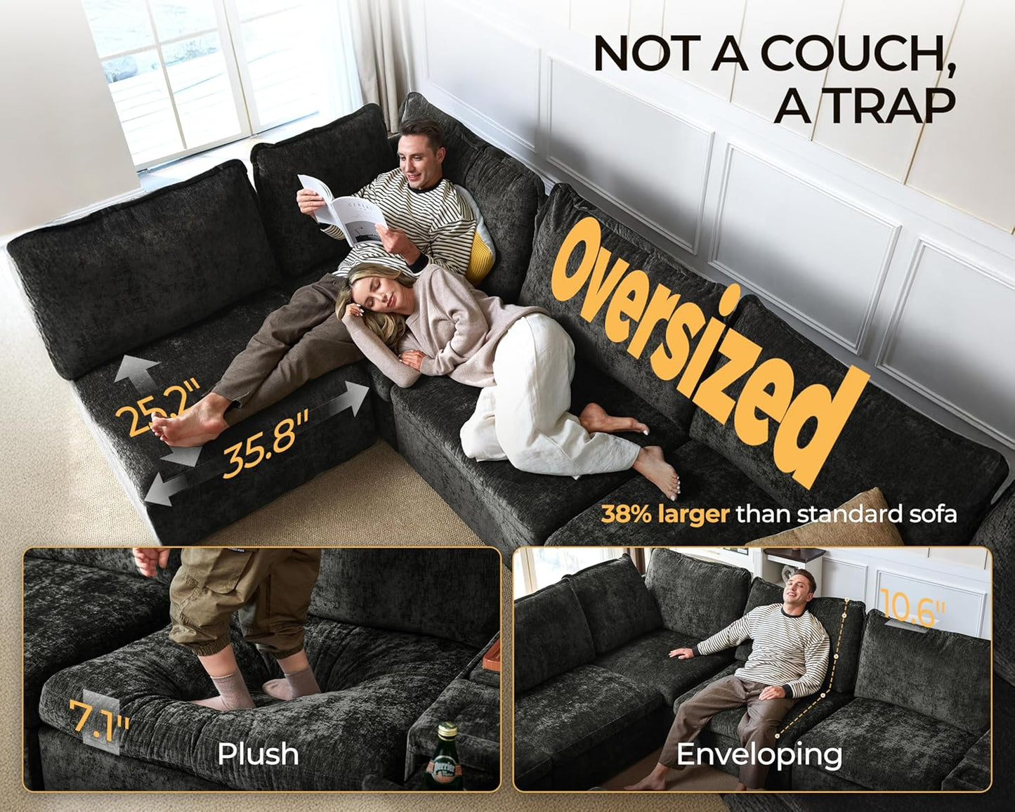 Oversized Modular Sofa Comfy Cloud Couch with Storage, Extra Deep Plush Sectional Sofa Set for Living Room, Covers Washable, Chenille, Olar (Black, 6-seatser with Corner & Ottoman, v-Shaped)