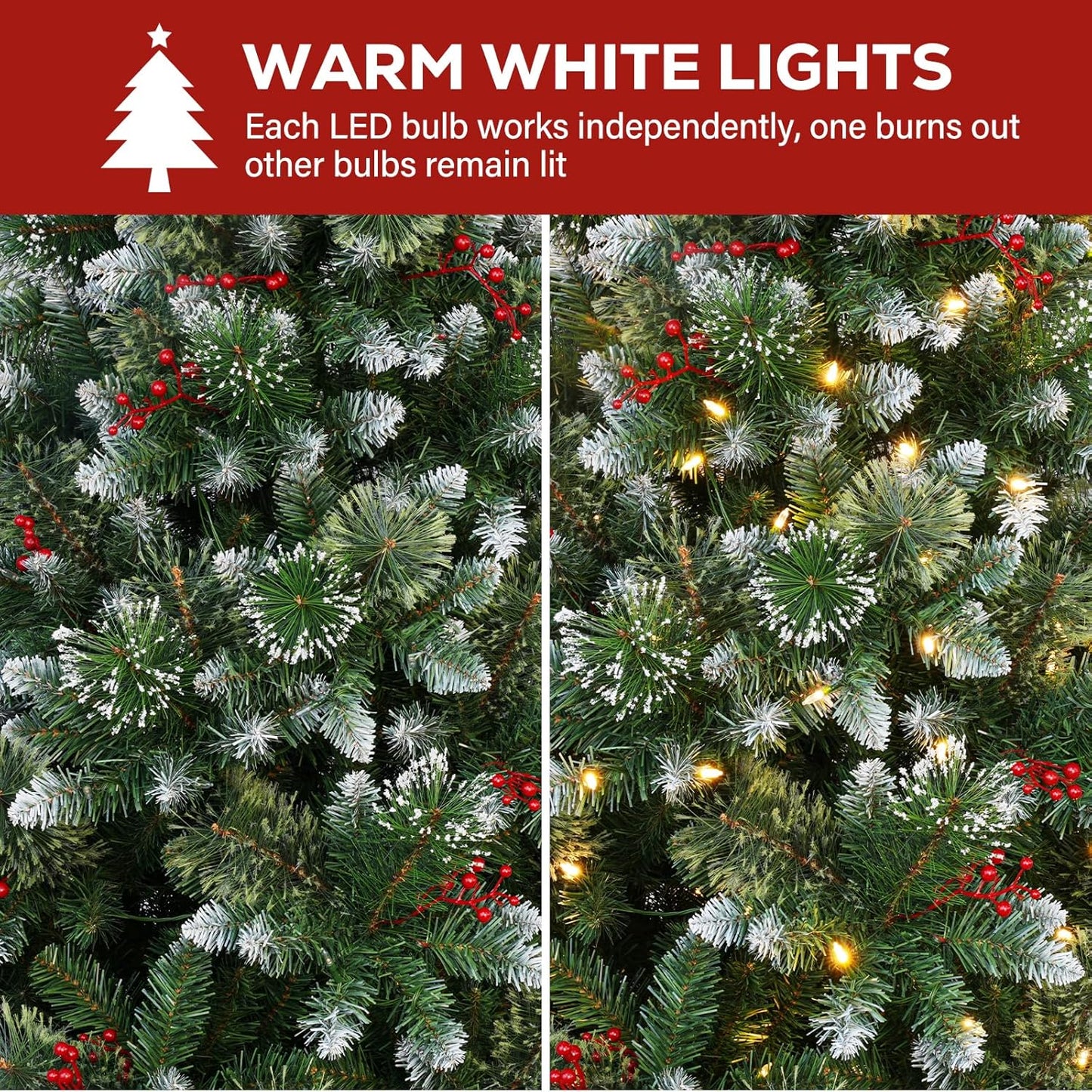 Hykolity 6 ft Prelit Artificial Christmas Tree, Frosted Christmas Tree with 250 Warm White Lights, 956 PVC Branch Tips, Metal Stand and Hinged Branches
