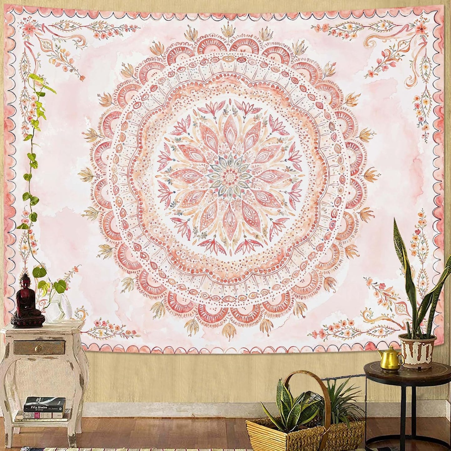 Fowocu Boho Floral Mandala Tapestry Wall Hanging Pink Bohemian Flower Medallion Tapestry Aesthetic Watercolor Hippie Indian Small Tapestries for Bedroom Living Room Dorm Decor 60 x 44 Inch