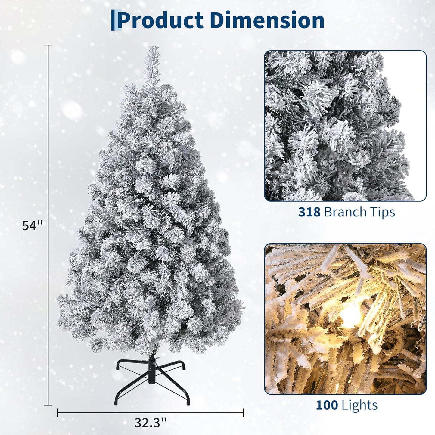 GarveeHome 4.5ft Prelit Artificial Christmas Tree with Warm White Lights, Snow Flocked Full Xmas Tree with 318 Branch Tips, 100 LED Lights & Foldable Stand, Green & White Christmas Decorations