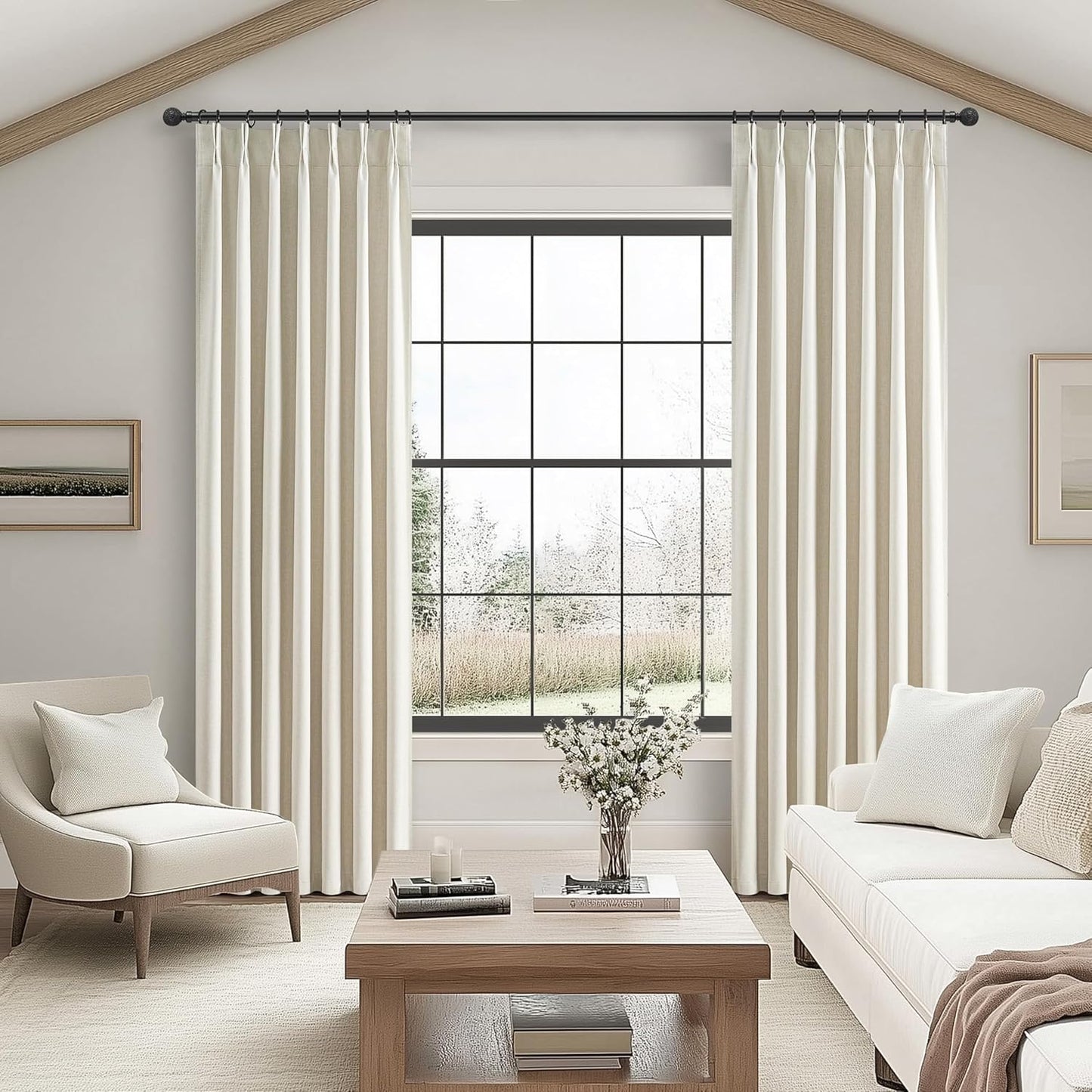 Pinch Pleat Cream Linen 100 Inch Long Tall Curtains for Dining Room 2 Panels Set, Neutral Blackout Viral Curtain with Hooks&Rings for Sliding Glass/Office/Sunroom Privacy Thermal Drapes 40" W x 100" L
