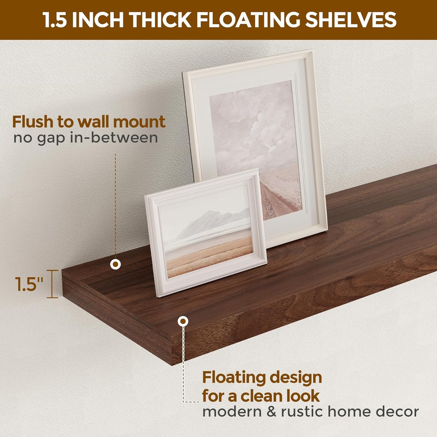 Rustic Wood Floating Shelves 32 Inch Long, 9 Inch Deep Wall Shelves for Home Decor, 32 x 9 Floating Shelf Wall Mounted Set of 2, Deep Floating Shelves for Kitchen, Bedroom, Living Room, Walnut Color
