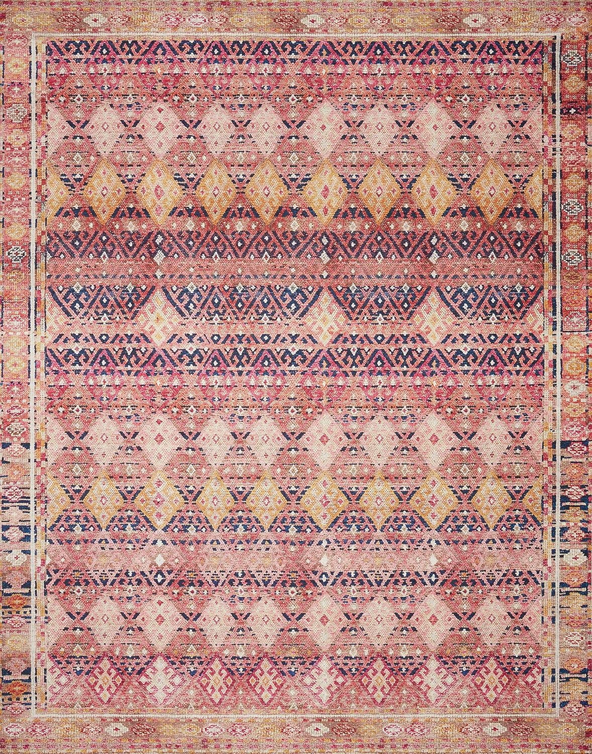 Loloi Layla Collection LAY-15 Magenta/Multi 7'-6" x 9'-6" .13" Thick Area Rug, Soft, Durable, Vintage Inspired, Distressed, Low Pile, Non-Shedding, Easy Clean, Printed, Living Room Rug